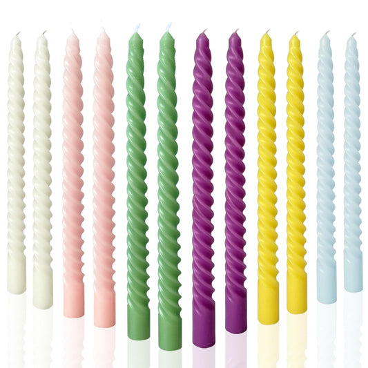 MAITREYA Cream Taper Candles Colored Spiral Stick Candles-Set of 12 for Decoration Weddings Party Church-Unscented Dripless Candles,10inch(F-6 Colored)