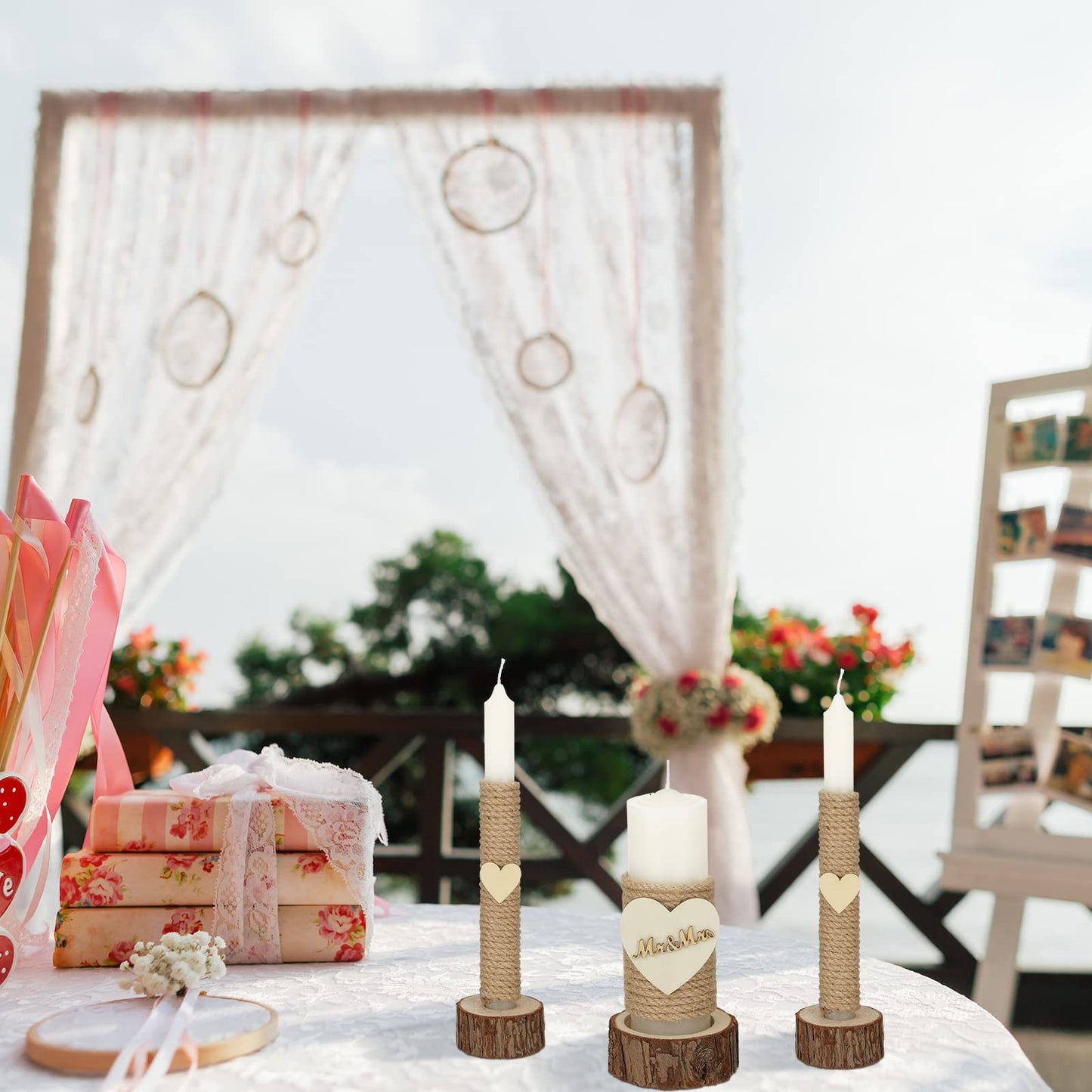 Amyhill 3 Pcs Rustic Unity Candles for Wedding Ceremony Set Mr and Mrs Burlap 1(5.9'') Pillar 2(9.8'') Taper Candles for Weddings Ceremony Events Decor Emergency Lighting(Romantic Style)