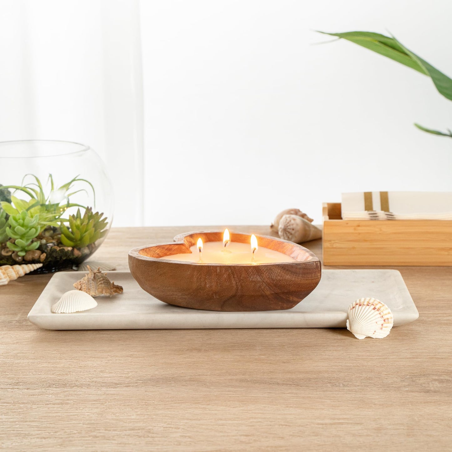 Restaurantware Wooden Bowl Candle - Case of 1-7.09 x 5.51 x 1.97 Inches - Soy Wax Aromatherapy Candle - Handmade Design - Brown Heart Shaped Home Decor