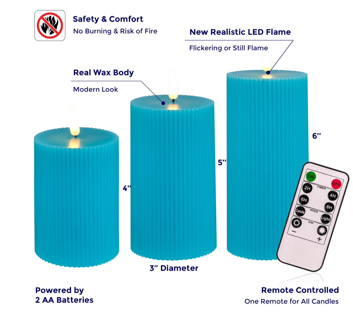 VENTA Turquoise Flameless Pillar Candles, Set of 3 (4" 5" 6") | Realistic Flickering Teal LED Candles with Remote & Timer | Perfect for Coastal, Boho & Modern Home Decor