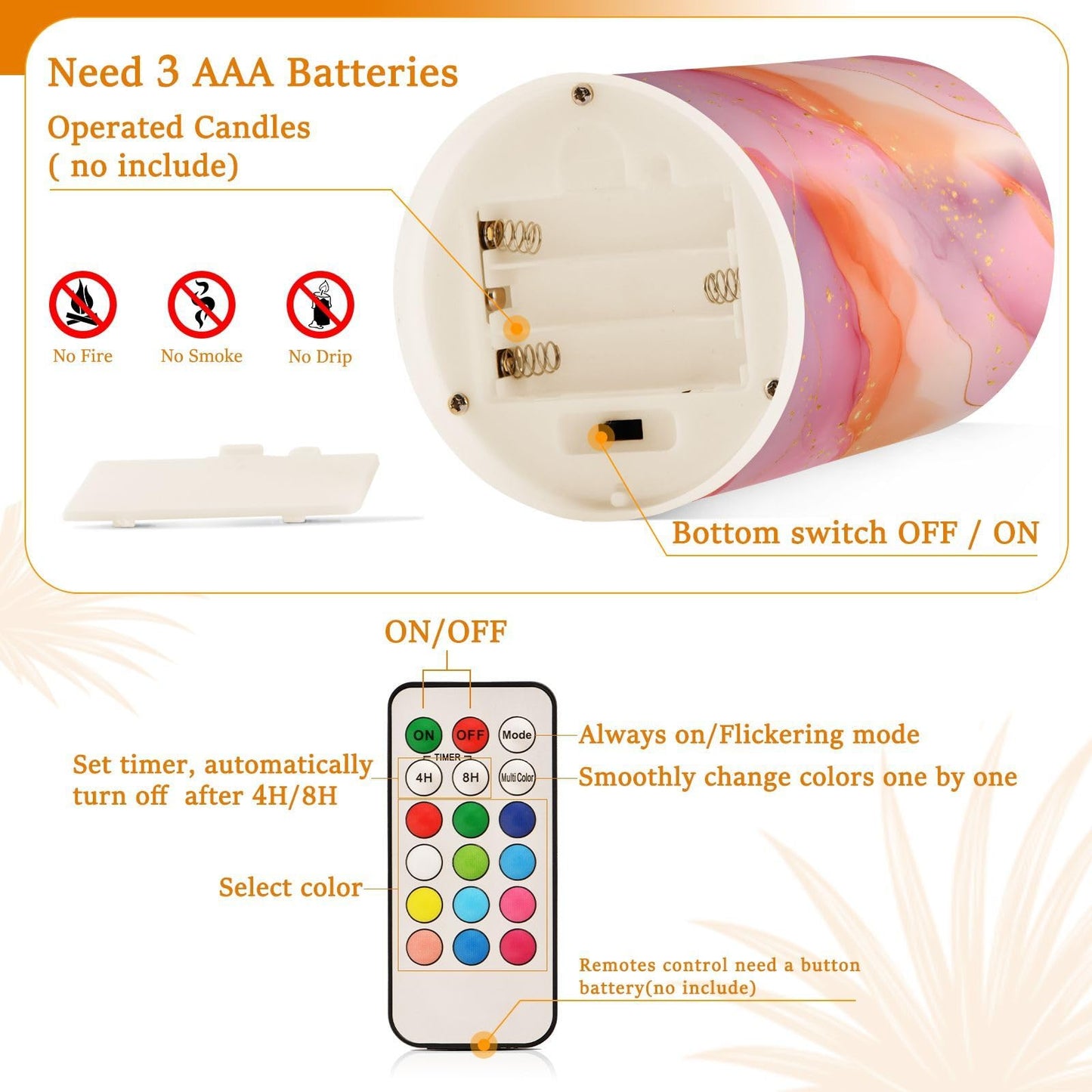 zyrtty 2 Pack Plastic Flameless Candles Light Pink and Orange Abstract Marble Pattern Battery Operated with Remote and Timer Real Wax LED Flickering Pillar Candles Set Window Christmas Holiday Decor