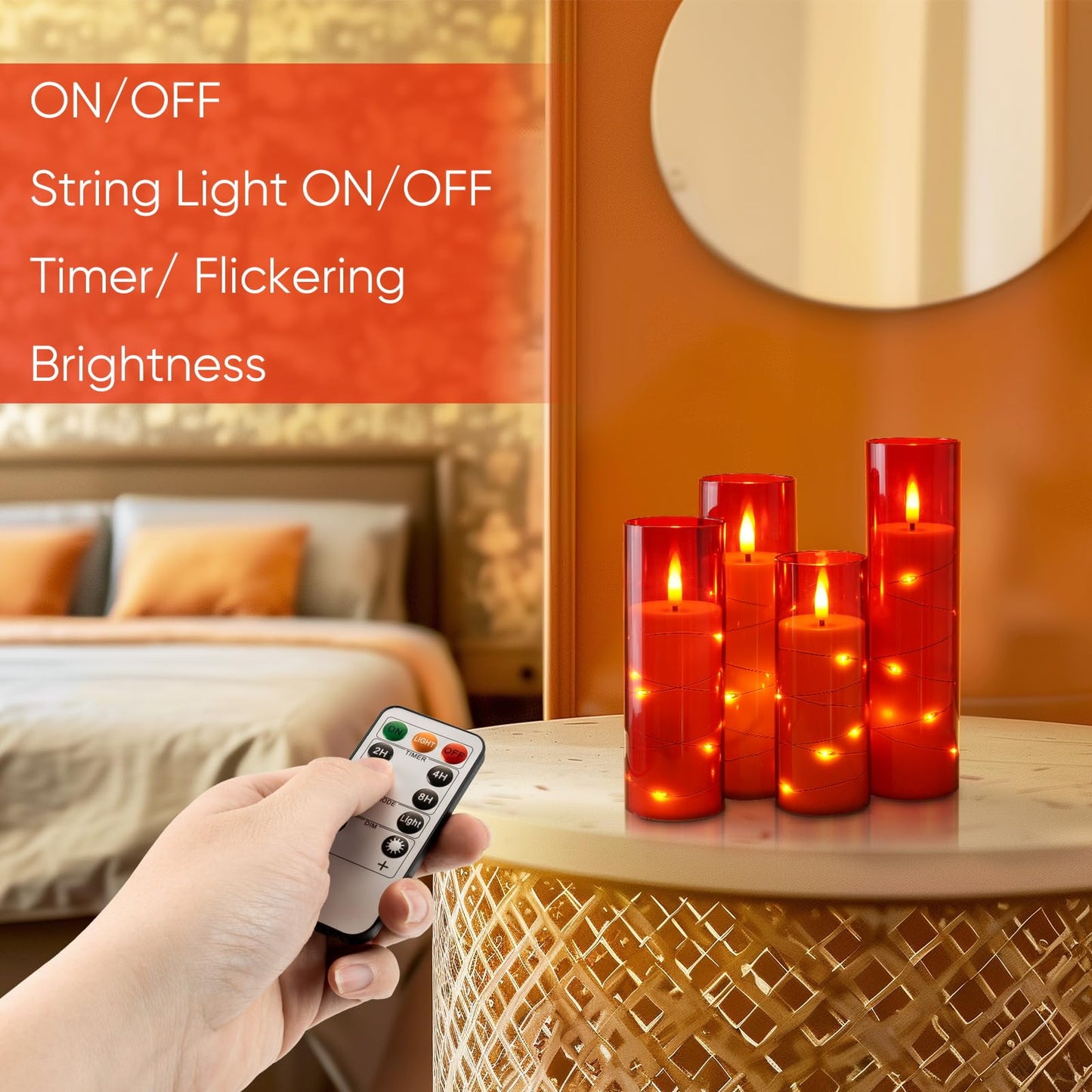 Homemory 12Pcs Flameless Candles with Star String Fairy Lights, Flickering Battery Operated Candles, LED Fake Candles with Remote and Timer, Christmas, Weddings, Home Decor, Red