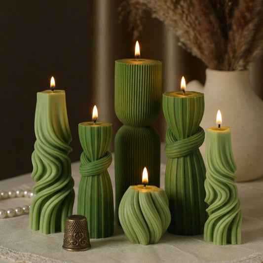 Threlaco 6 Pcs Pillar Candles Decorative Modern Aesthetic Ribbed Candle Set Cute Soy Wax Scented Ribbed Decor Commemorative Gift for Home Decoration(Green, 2.36-6.89 Inch)