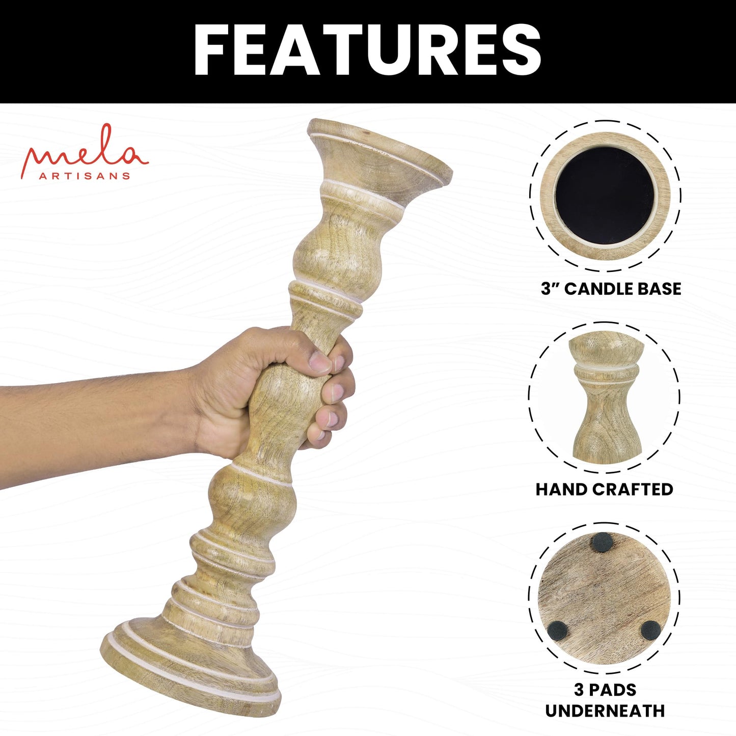 “Willow” Candle Holders for Pillar Candles (Whitewash, Set of 3) - Mangowood Candle Stand - Farmhouse Wooden Candle Holders Pillar -Candle Holder Decor for Fireplace or Table Centerpiece -9”, 12”, 15”