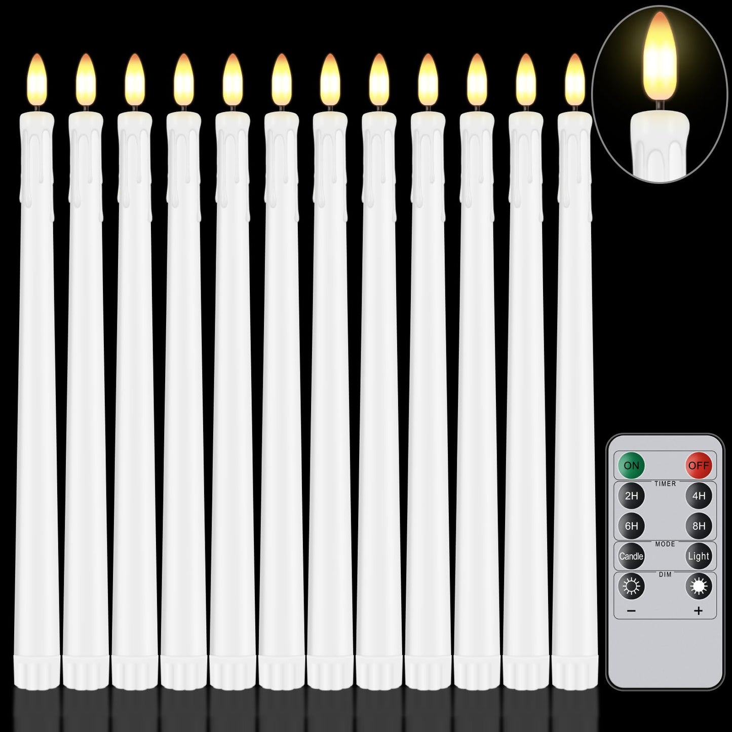 Warmhere 12 Pcs Flameless Taper Candles with Remote Timer, 11" Long Battery Operated Dripping Taper Candles, Flickering 3D Flame, Plastic Fake LED Candlesticks for Home Wedding Party Holiday, White