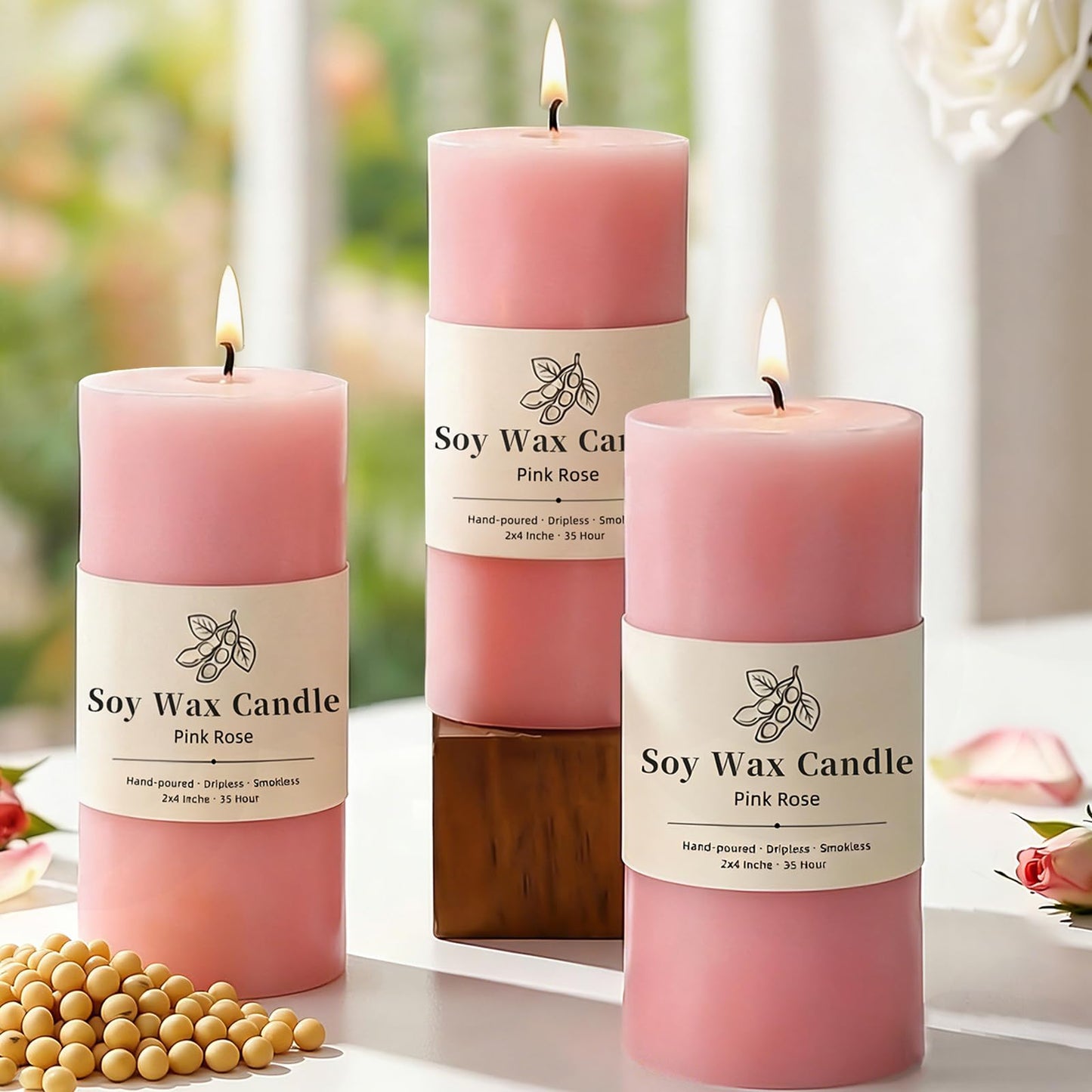 Uniteland Pink Rose Scented Pillar Candles Set of 3, Soy Candles for Mother's Day,105 Hours Aromatherapy Candle Clean Burning for Bathroom Living Room,2x4 inch