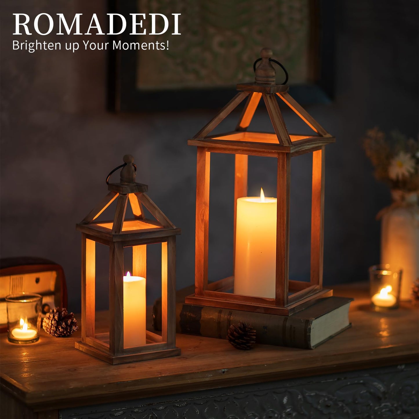 Romadedi Farmhouse Wood Candle Lantern - 12" / 16" Set of 2 Rustic Wooden Lanterns Decorative Candle Holder Home Decor Wedding Table Centerpiece Indoor Outdoor Fireplace Decorations, Brown