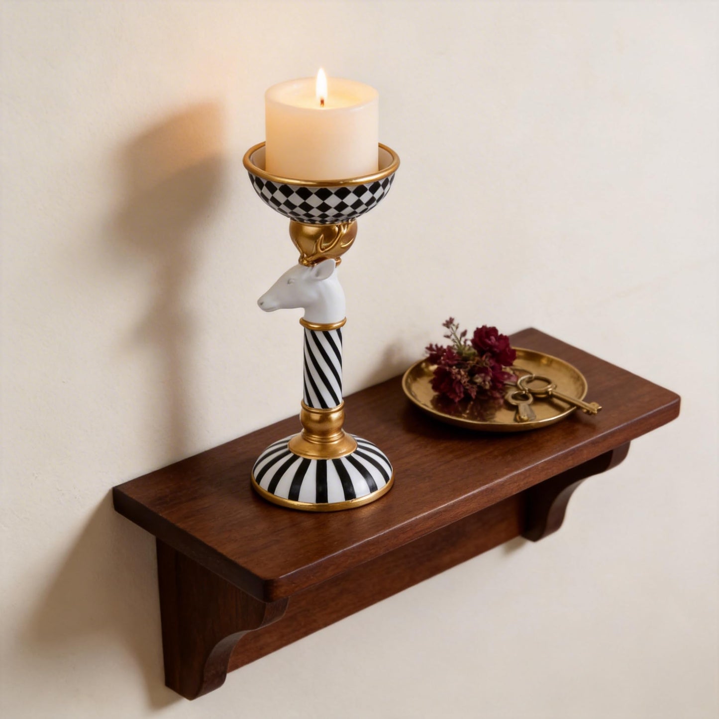 Checkered Animal Candle Holders, Resin Black White Checkered Tiger Head Candlestick Holders, Cute Black-and-White Pillar Candle Stand Home Decorations (Deer)