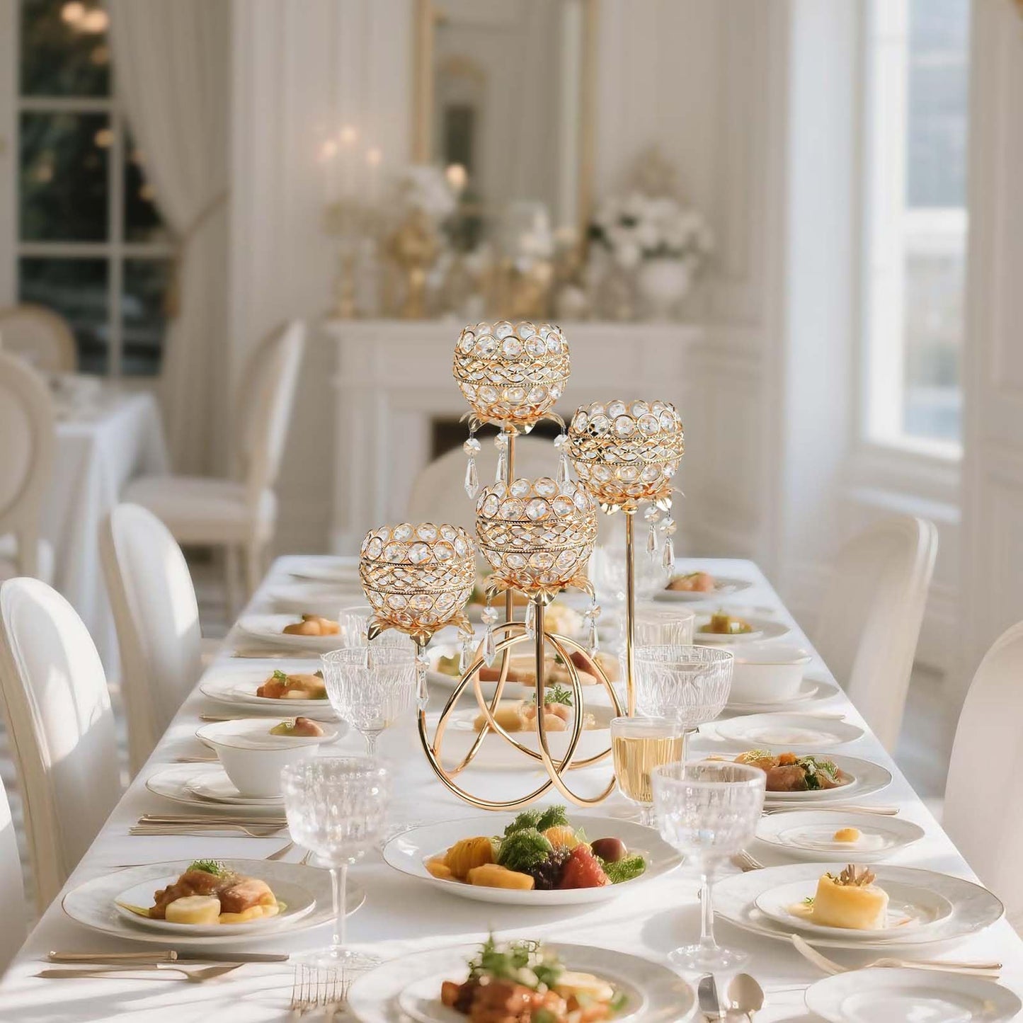 4 Arms Crystal Candelabra Tealight Holder - Tall 15.7 Inch Elegant Centerpiece with Crystal Pendant Bowls & Artistic Metal Stand for Wedding, Dining Table, Home Decor (1, Gold)