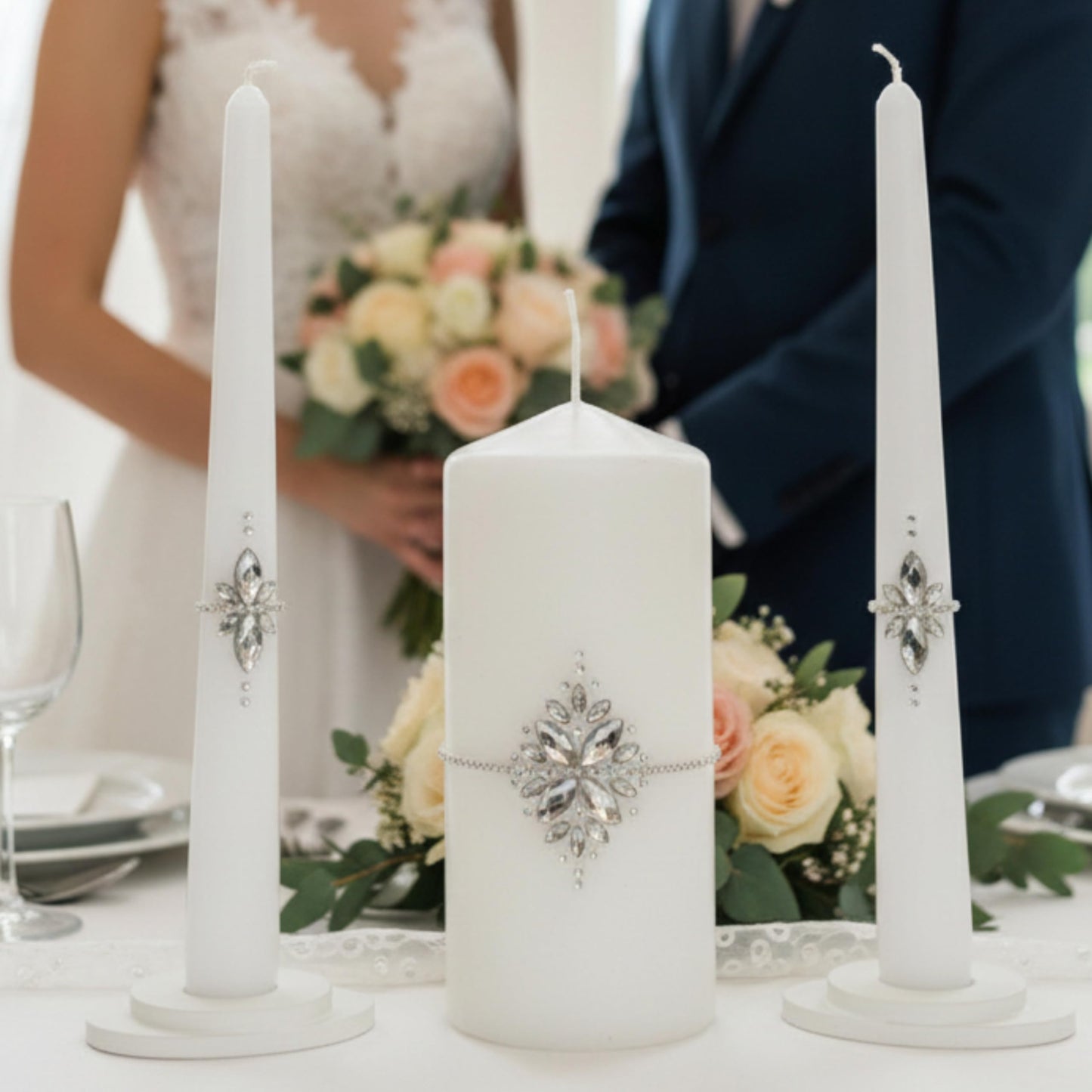 Magik Life Unity Candle Set - Wedding Ceremony & Reception – 6” Pillar & Two 10” Taper Candles – Long Burning Unity Candles for Marriage Ritual – Handmade in USA –White|Cristal|Classic