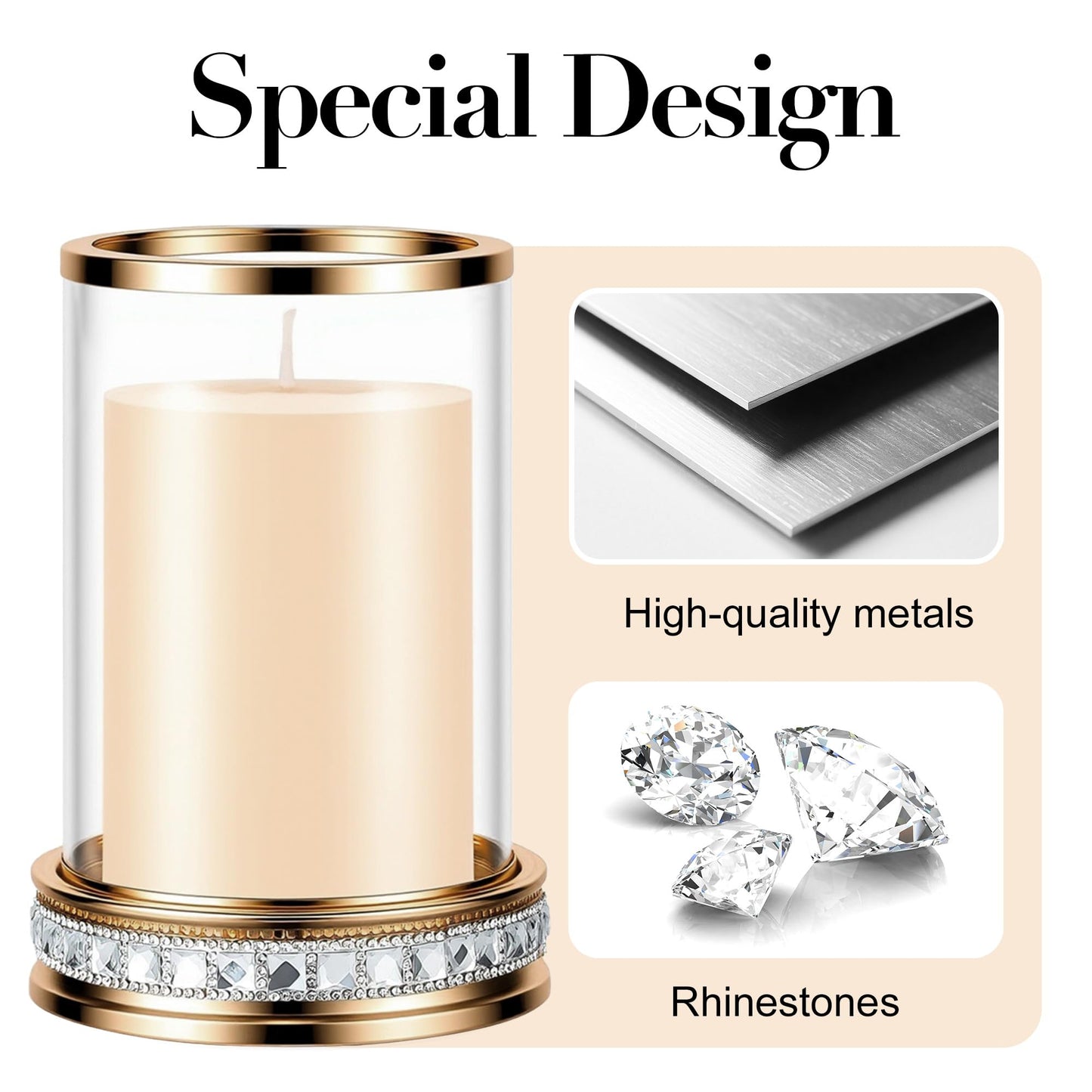 2pcs Hurricane Candle Holder, Pillar Candle Holders with Clear Glass Sleeve, Small Crystal Lantern for Fall Thanksgiving Christmas Holiday Dining Table Centerpiece (Gold)