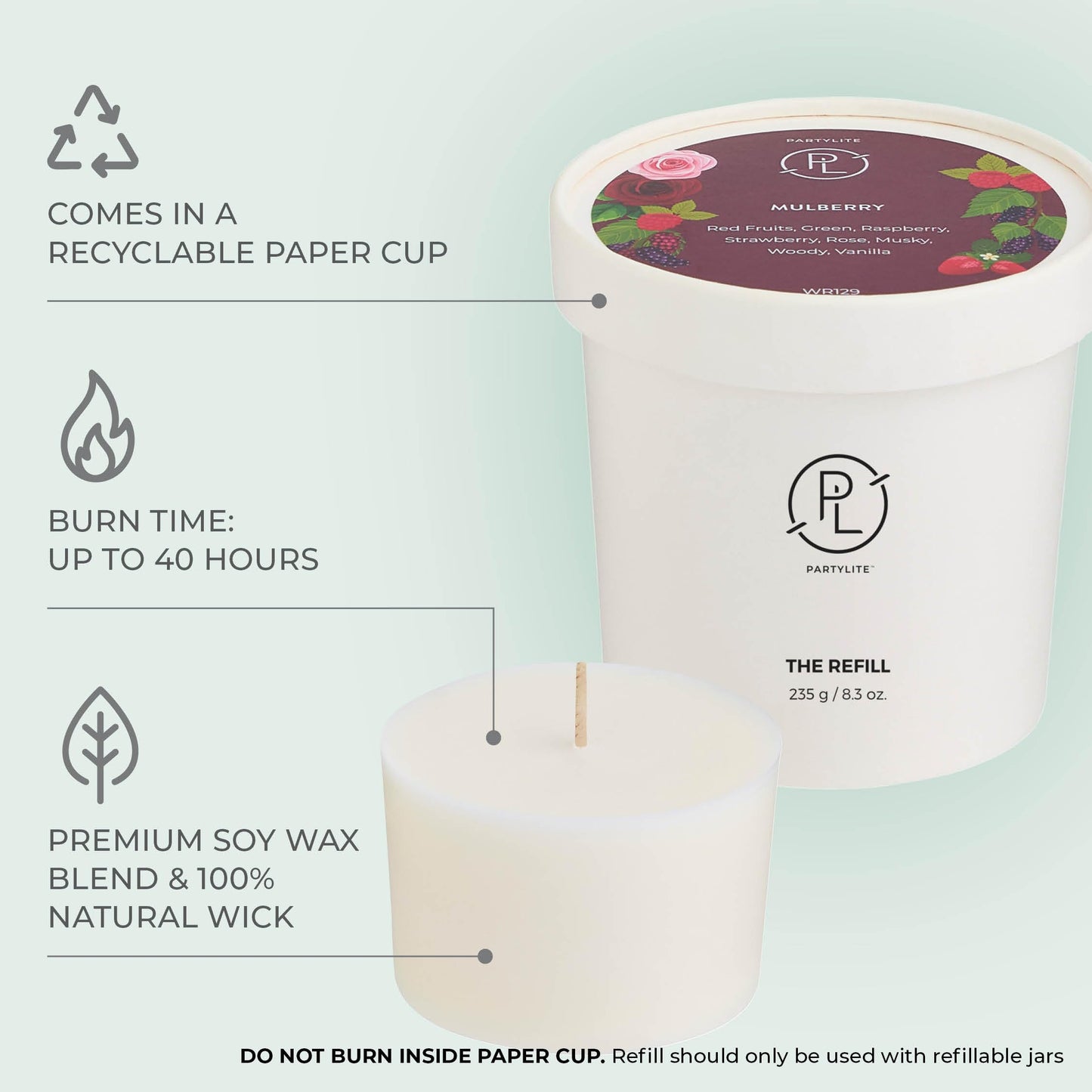 PartyLite Mulberry Scented Candle Refill, Notes of Black Currant, BlackBerry, Mulberry & Pomegranate, 10oz 1-Wick Aromatherapy Candle, up to 40 Hours of Luxury Fragrance, Sustainable Premium Soy Wax