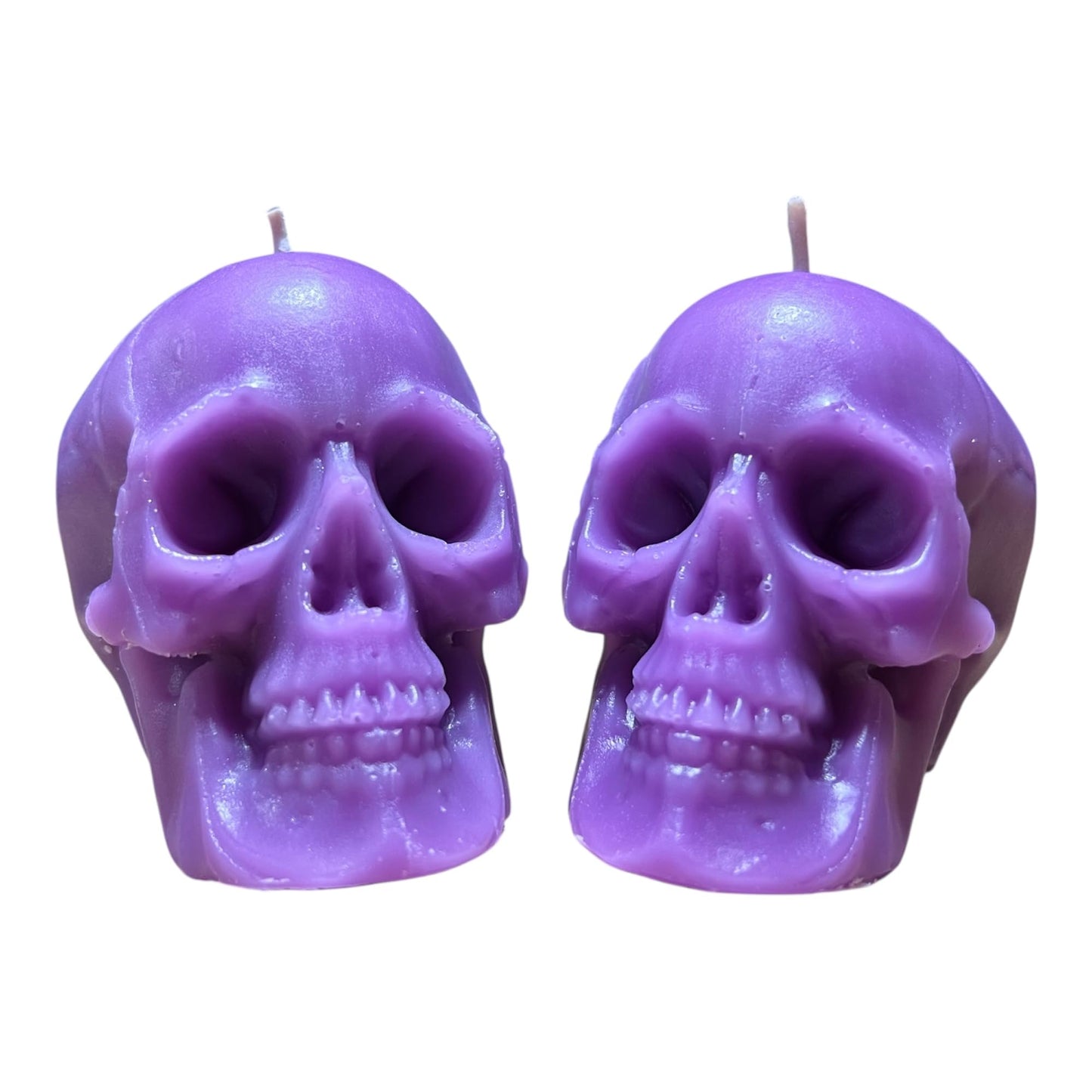 2pcs purple skull candles for help in clairvoyance and divination(witch, aessthetic, skeleton, goth, spooky, ritual, fireplace, decor, bloody, brain, spiritual, weird, satanic, drip)