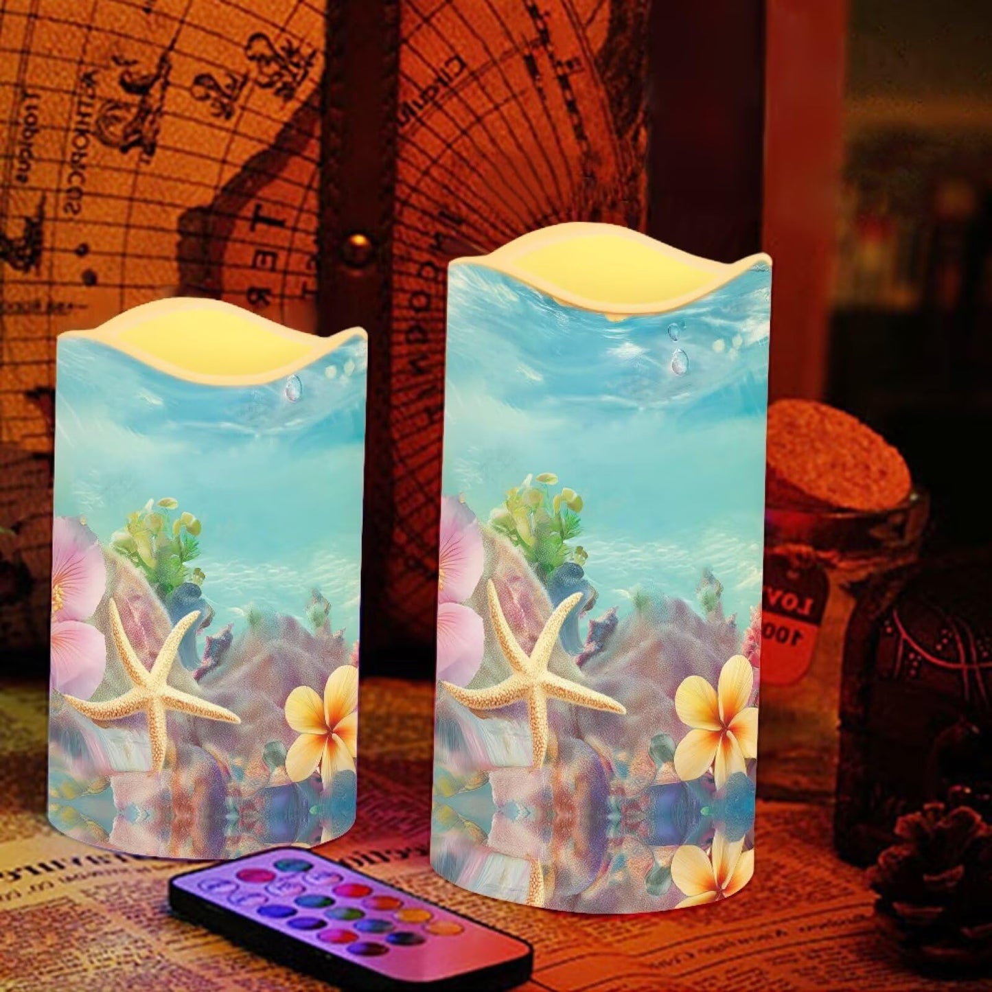 Cozeyat Coral Reef Flameless Candles Set of 4 Battery Powered with Remote Timer LED Candles Flickering Waterproof for Indoor Home Table Garden Beach