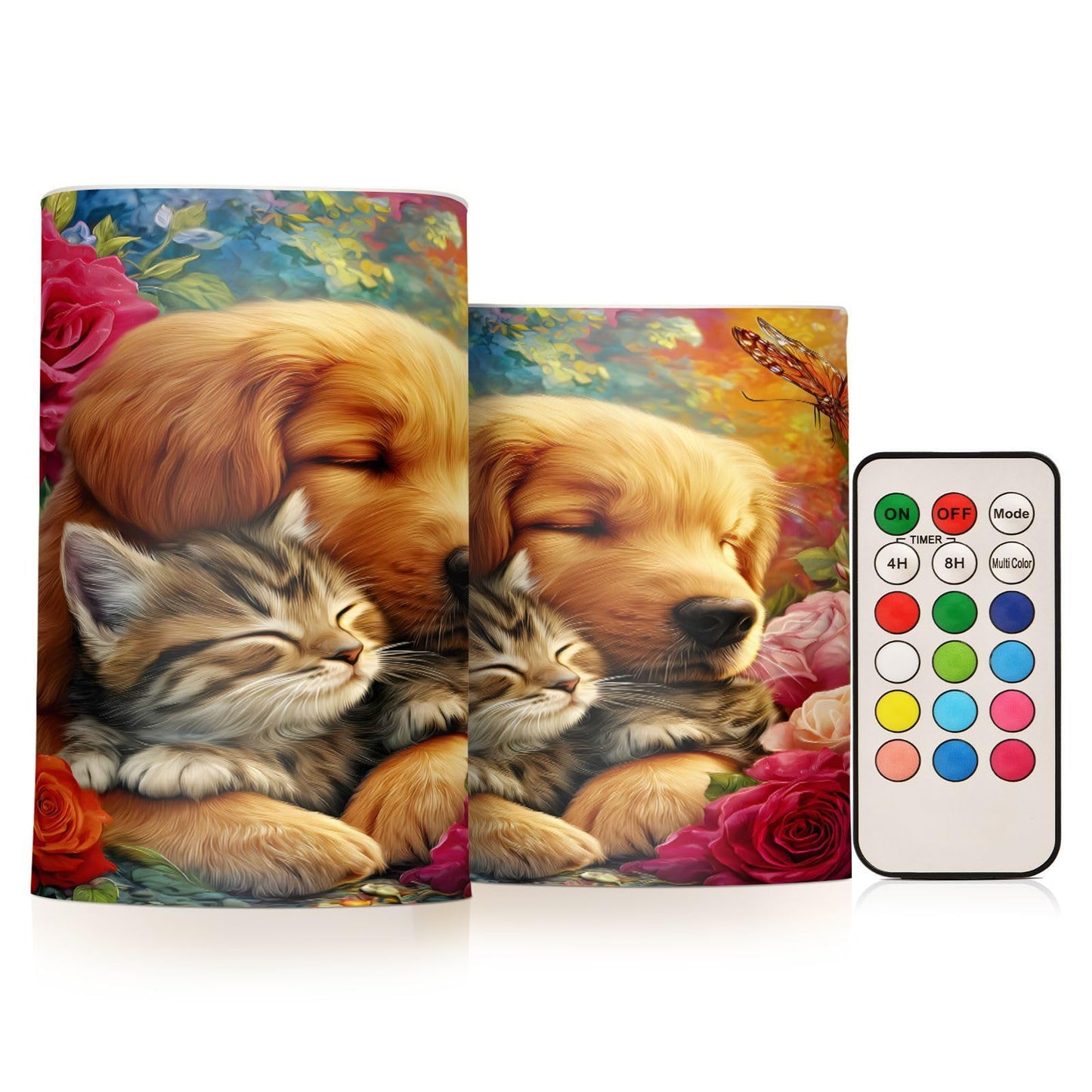 ALAZA Sleepy Dog Cat Roses Flickering Flameless Candles Battery Operated with Remote Timer,Tea Light Candles LED Pillar Votive Candles Set of 2 for Outdoor Indoor Decorations