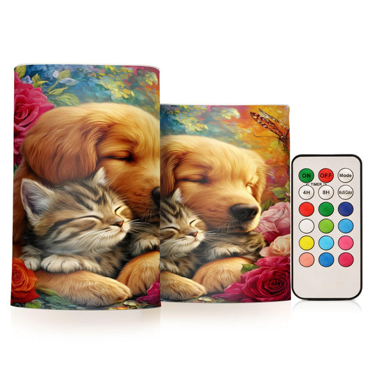 ALAZA Sleepy Dog Cat Roses Flickering Flameless Candles Battery Operated with Remote Timer,Tea Light Candles LED Pillar Votive Candles Set of 2 for Outdoor Indoor Decorations
