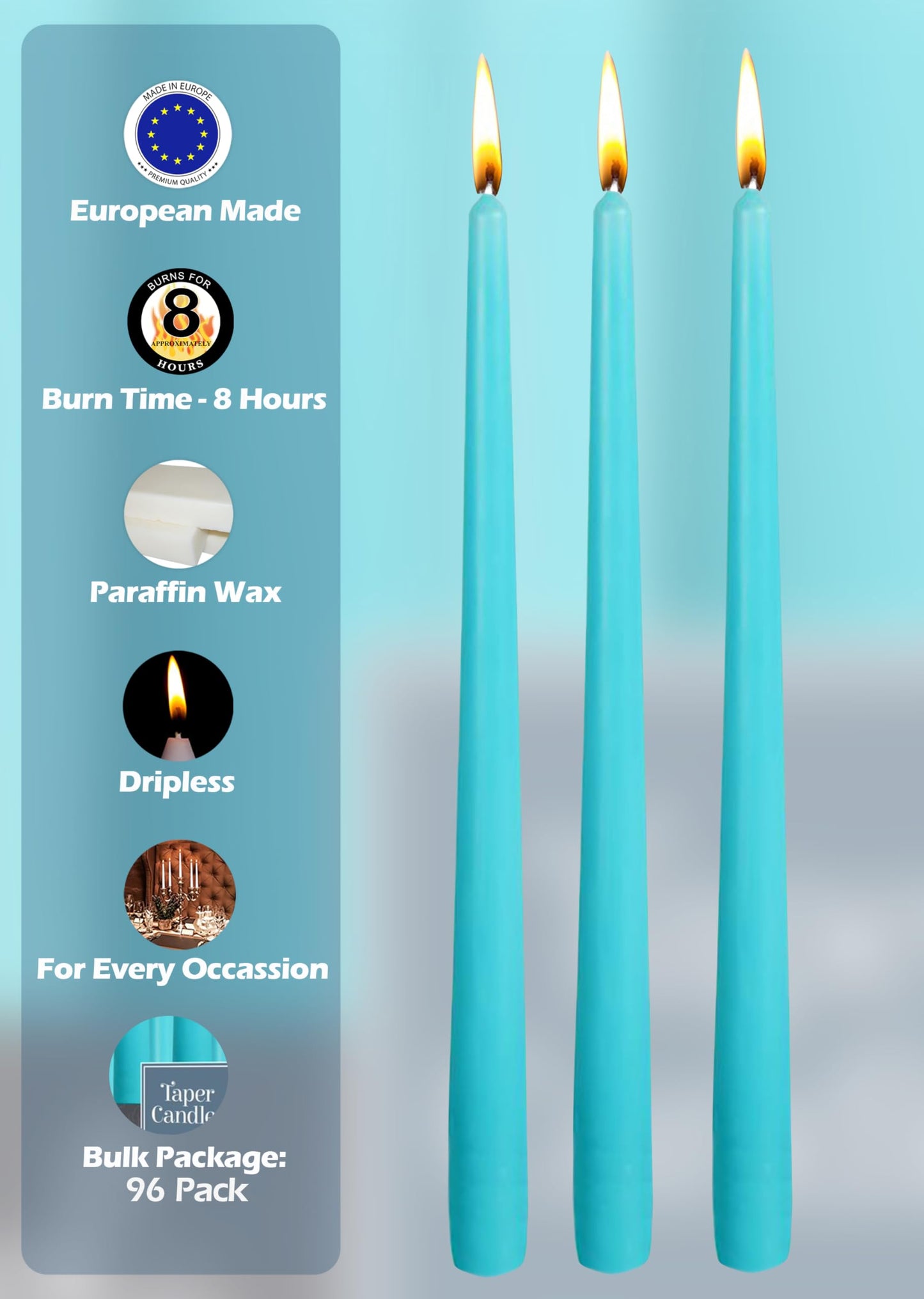 Hyoola Tall Taper Candles Bulk - 10 Inch Light Blue Turquoise Unscented Dripless Taper Candles - 8 Hour Burn Time - 96 Pack