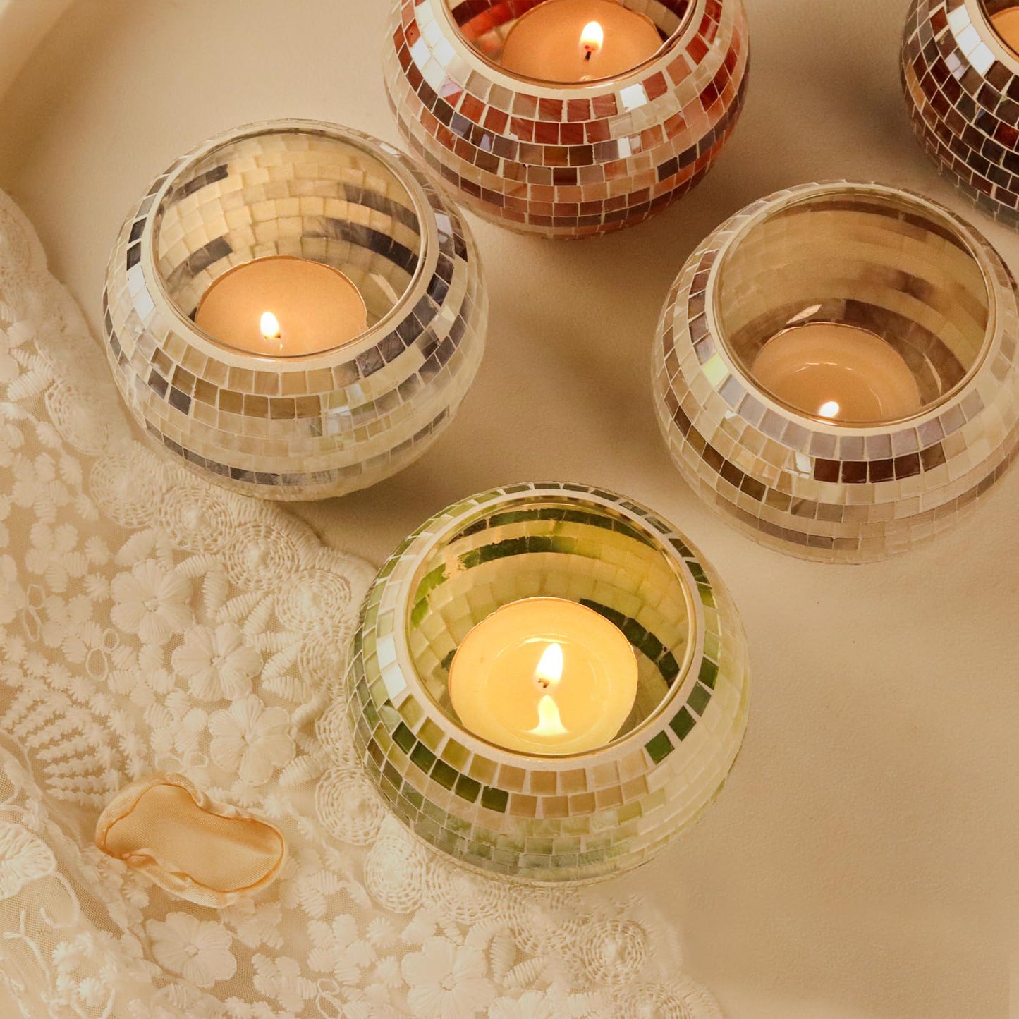 SOUJOY 6 Pack Votive Candle Holder, Handmade Mosaic Glass Tealight Holders, Diwali Decorative Scented Candle Bowl for Valentine, Party, Christmas Table Centerpiece Decor