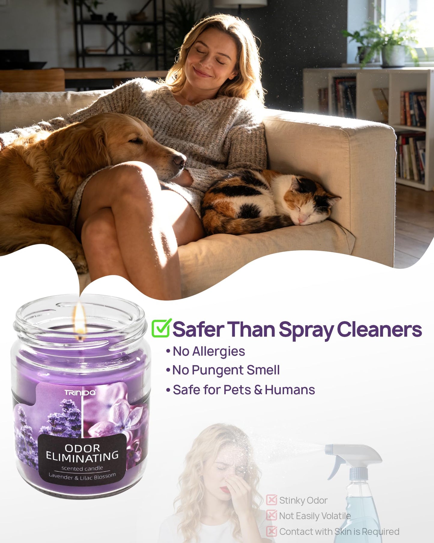 Lavender & Lilac Blossom Odor Eliminating Candles for Home Scented, Eliminates 99% of Pet, Smoke, Food and Other Smells Quickly, Highly Fragranced Candle, Premium Soy Candles Set for Women