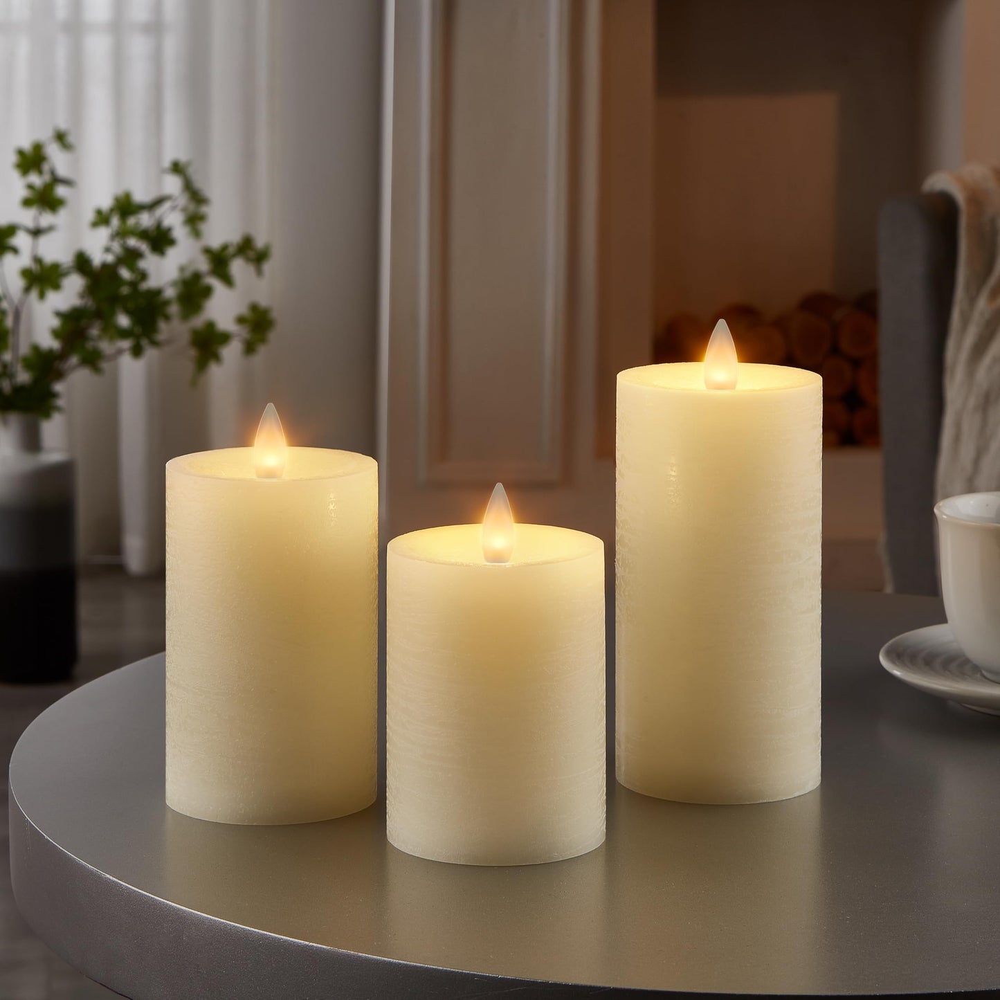 CozierGlow Flameless Pillar Candles Flickering with Remote Timer, Battery Operated LED Candles Up to 400 Hours, 3D Moving Flame Real Wax Candles. (Ivory Water Ripples, Set of 3)