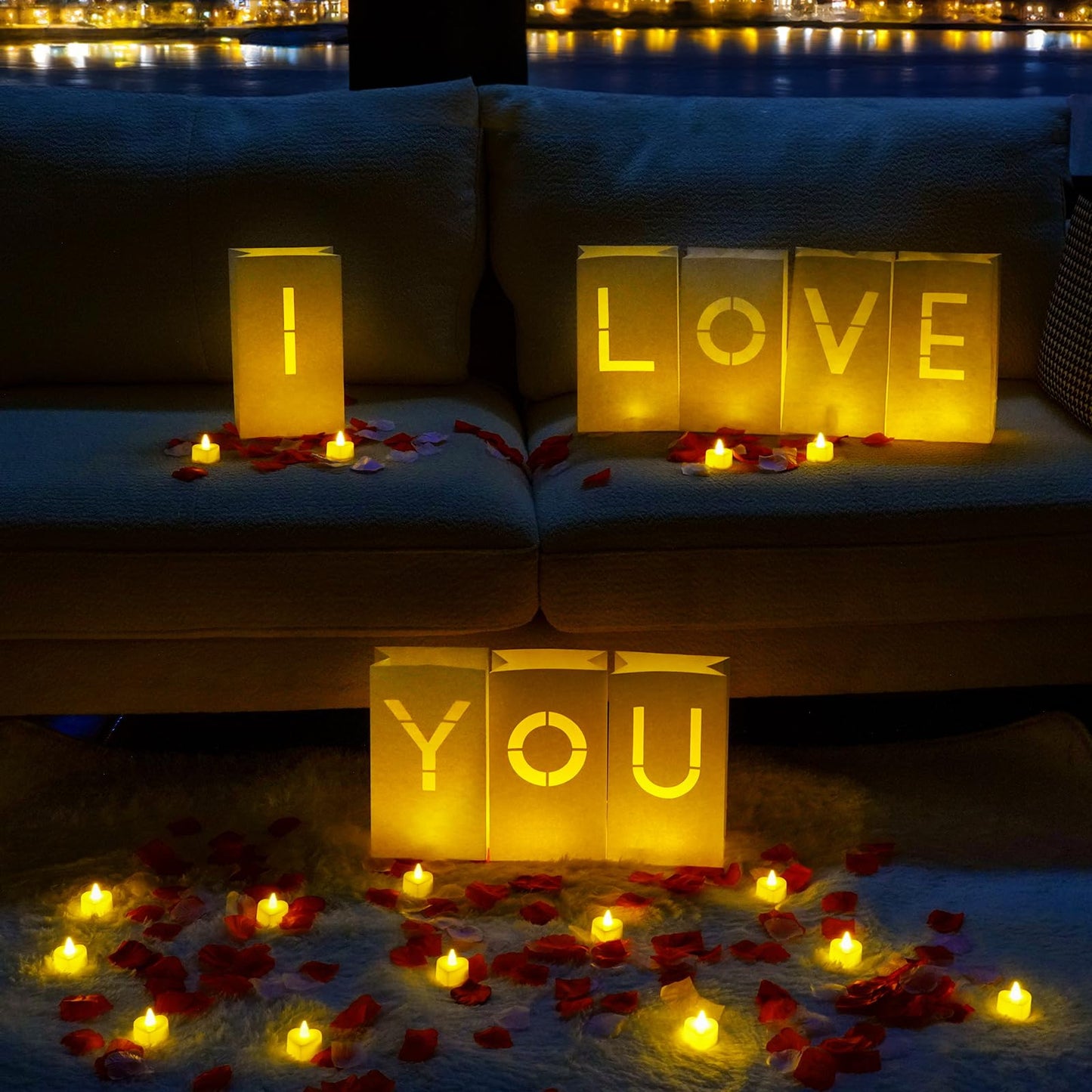 Homemory I Love You Light Up Letters Proposal Decorations with Flameless Candles and 2000 Fake Rose Petals, Valentine's Day Luminary Bags Romantic Decorations Special Night for Wedding Anniversary