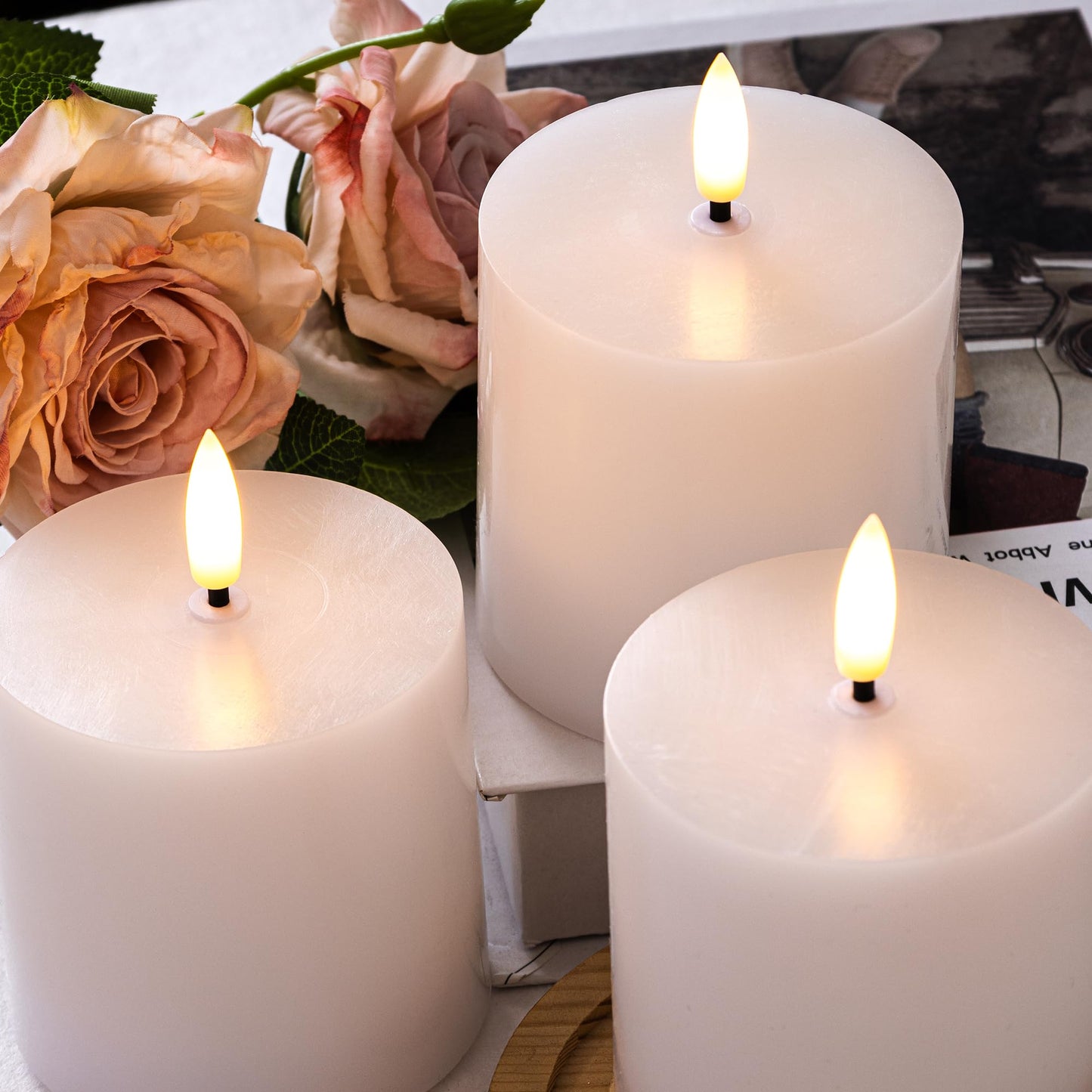 SEHNSY White Flameless Candles Set of 3 (3"x3") Battery Operated LED Pillar Candles with Remote and Timer, Real Wax Flickering Candles for Fireplace Bedroom Living Room Home Decor and Indoor Use