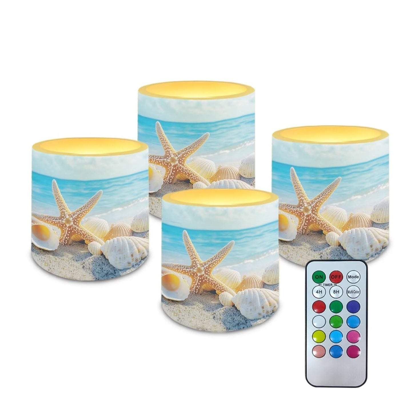 Merkmak 4 Pack Flickering Flameless Candles with Remote and Timer Control LED Pillar Tea Lights for Coastal Theme Home Decorations Battery Operated Candles, Shell Starfish