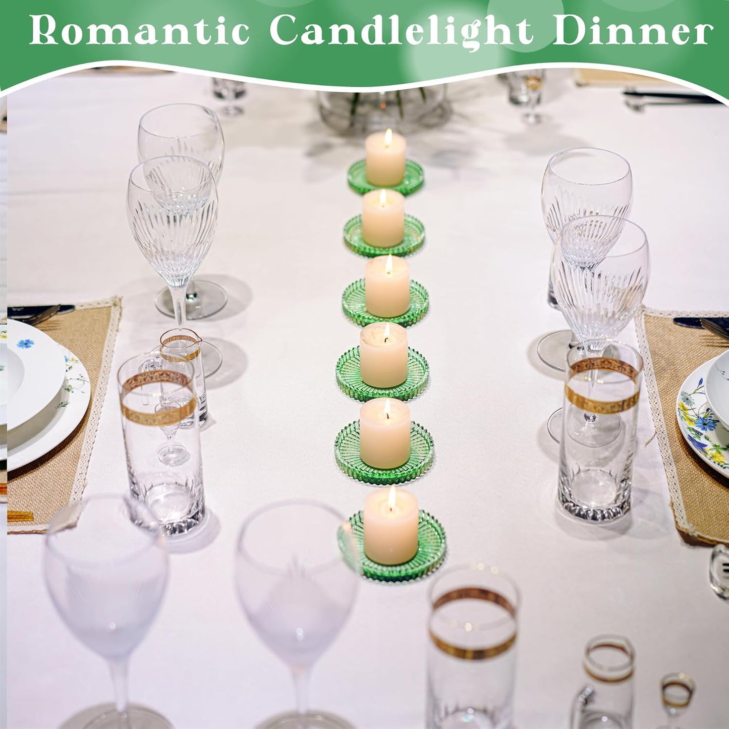 4" Glass Candle Holder,Green Round Crystal Candle Plate,Decorative Glass Pillar Candle Plate,Aromatherapy Candle Pad for Christmas, Birthday, Wedding Table Centerpiece, Set of 6