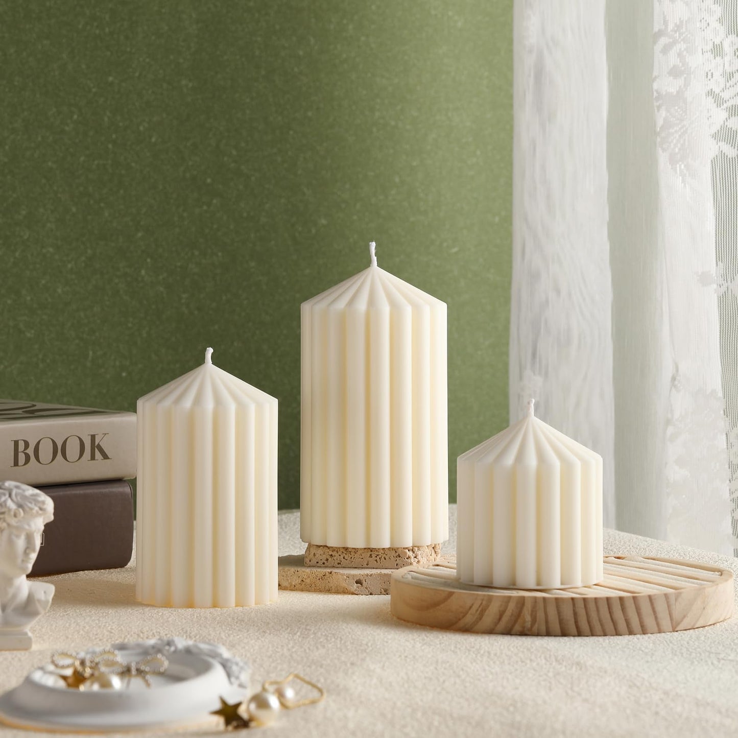 Conelist Set of 3 White Ribbed Pillar Candles Soy Wax Scented Ribbed Candles Includes 2.8, 4.2 and 5.1 Inches Heights Decorative Romantic Wedding Decoration for Couple Home Birthday Gift