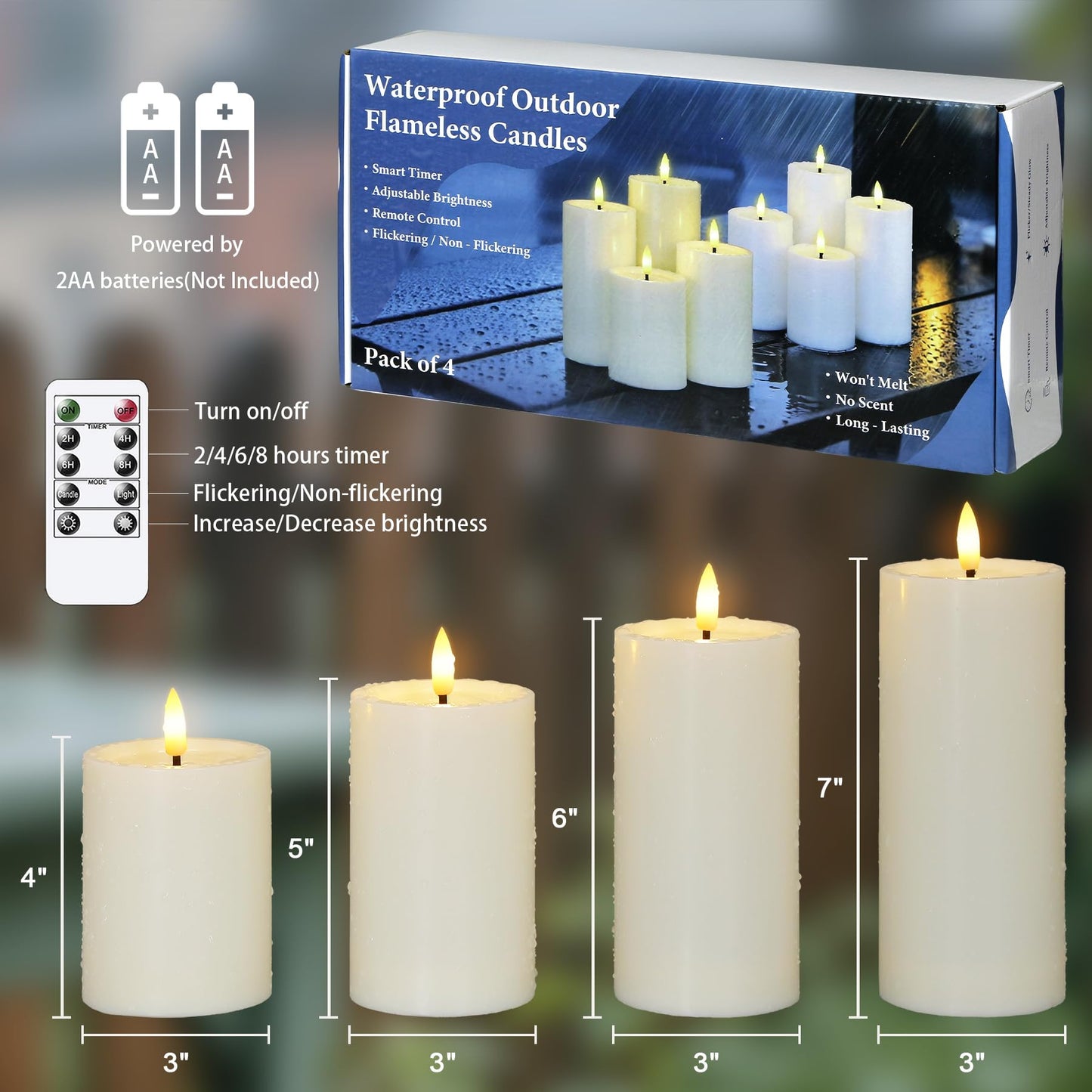 Yeelida Outdoor 4pcs Flameless Waterproof Candles with Handy Remote Control, Cycle Timer Battery Operated Candle Grease Effect LED Flickering Pillar Plastic Long Lasting (Ivory, 3" x4" 5" 6" 7")