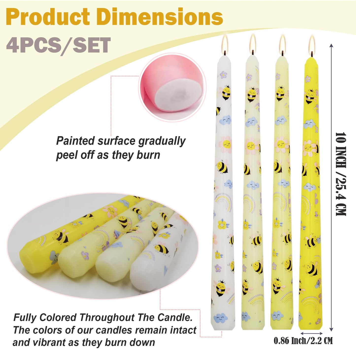Bee Taper Candles 10 Inch 4 Pack, Unscented Yellow Floral Candlesticks, Decorative Tapered Candles for Candle Holders, Spring Table Decor, Mother’s Day, Wedding Party(AY1)