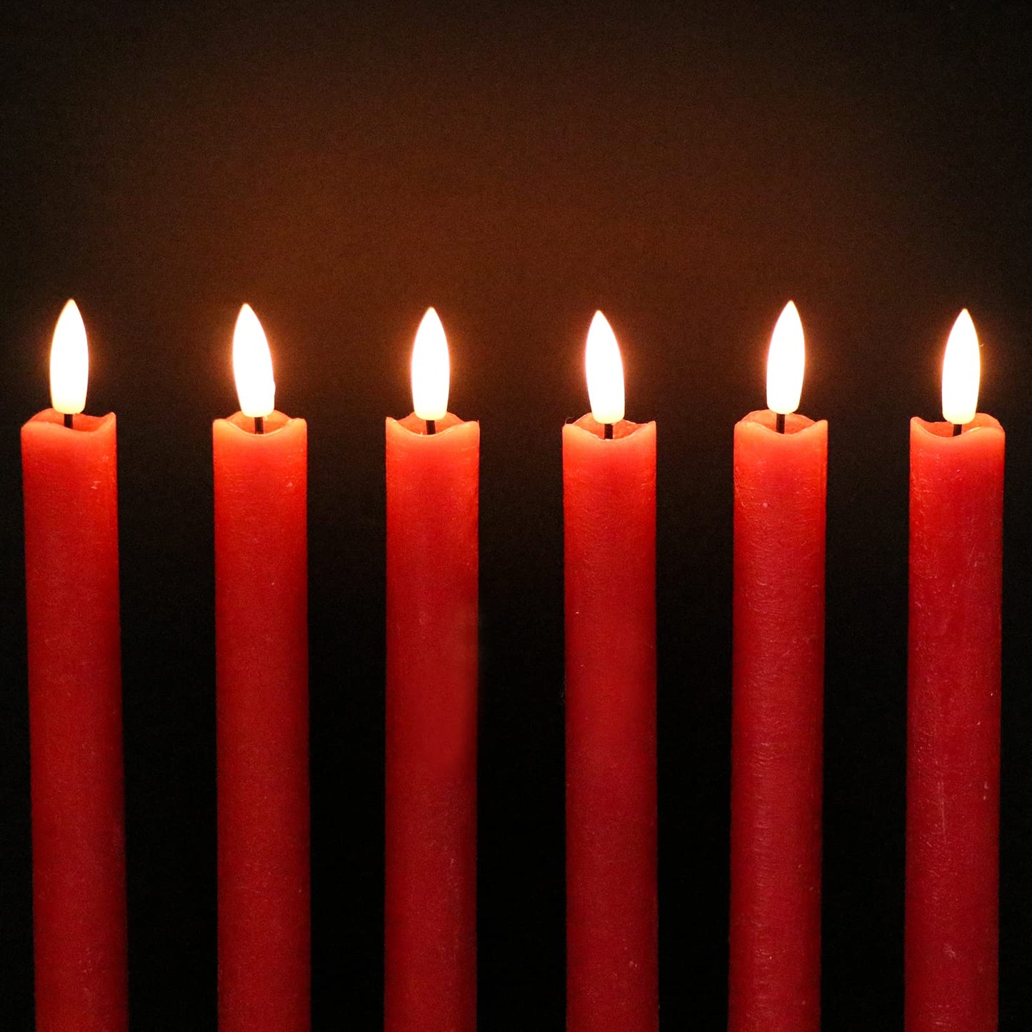 GenSwin Flameless Red Taper Candles Flickering with 10-Key Remote, Battery Operated Led Warm 3D Wick Light Window Candles Real Wax Pack of 6, Christmas Home Wedding Decor(0.78 X 9.64 Inch)