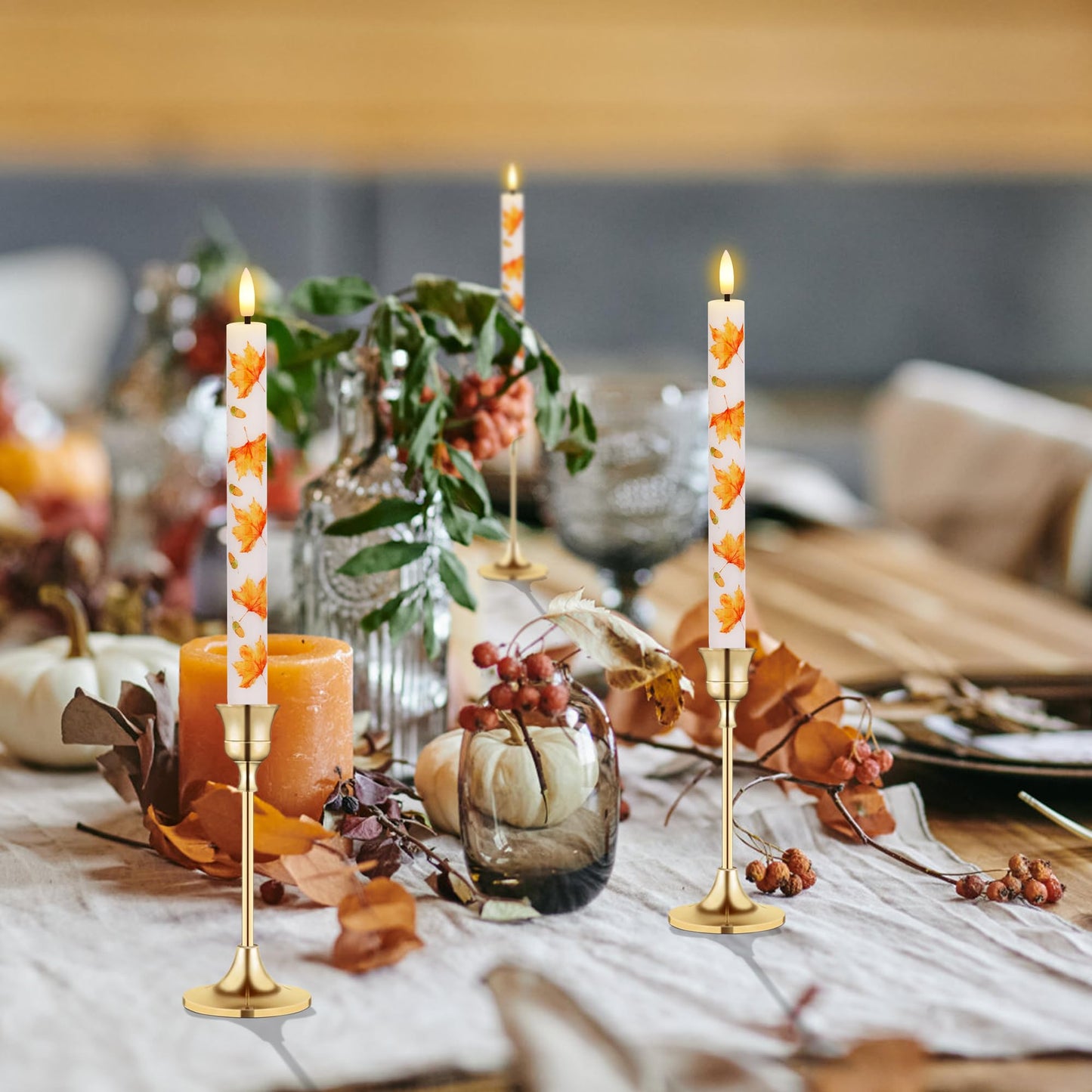 SEHNSY Fall Flameless Taper Candles with Remote, Real Wax Maple Leaf & Acorn Battery Operated Candles,Autumn Led Candlesticks for Fall, Harvest, Thanksgiving, Halloween Decorations for Home Party