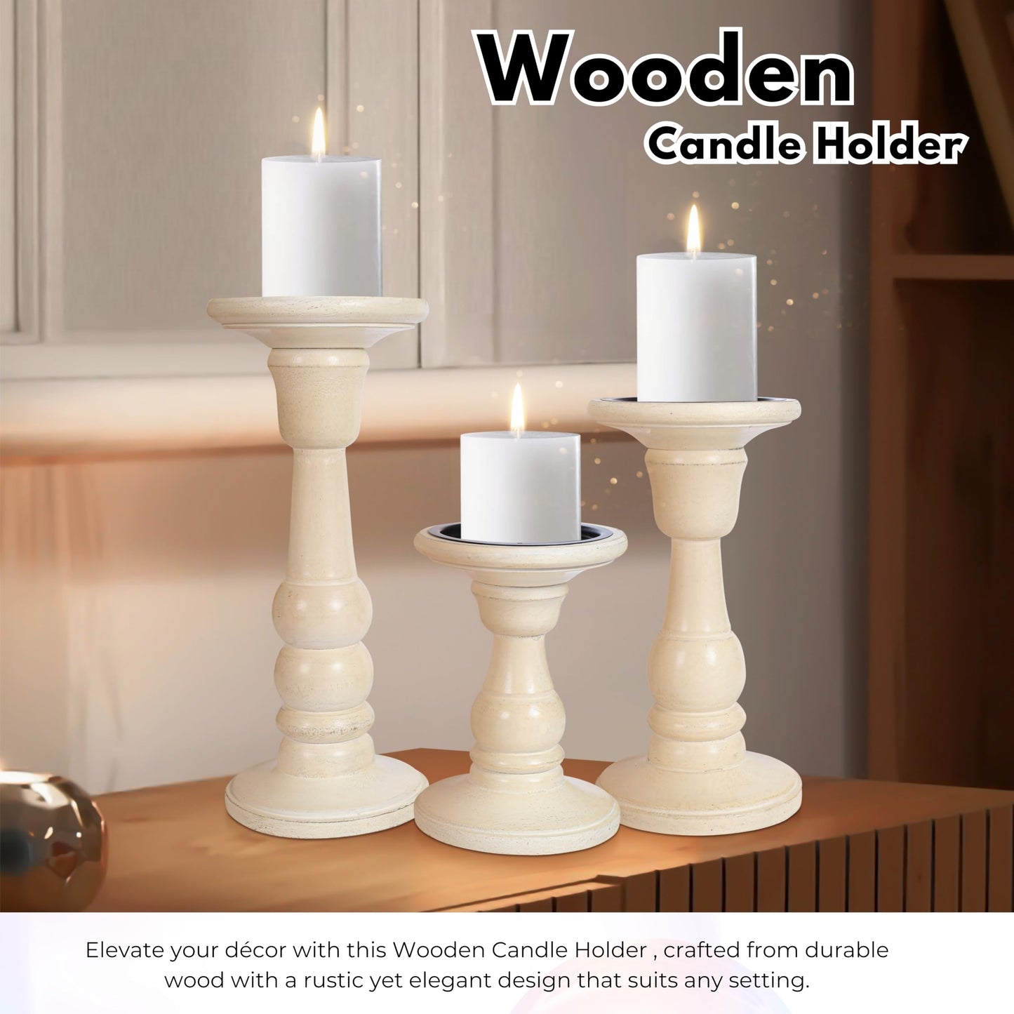 Woodify Wooden Candle Holder Set of 3, Handcrafted Mango Wood Pillar Candle Stands 10", 8", 6", White Antique Candle Holders for Home Décor, Living Room, Dining Table.