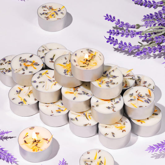 8 Pcs Lavender Scented Tealight Candles, 6H Long Burning - 100% Palm Wax Based Scented Tea Lights with Dried Flowers, Non-Toxic/Smokeless Tea Lights Candles for Spa, Bath, Wedding