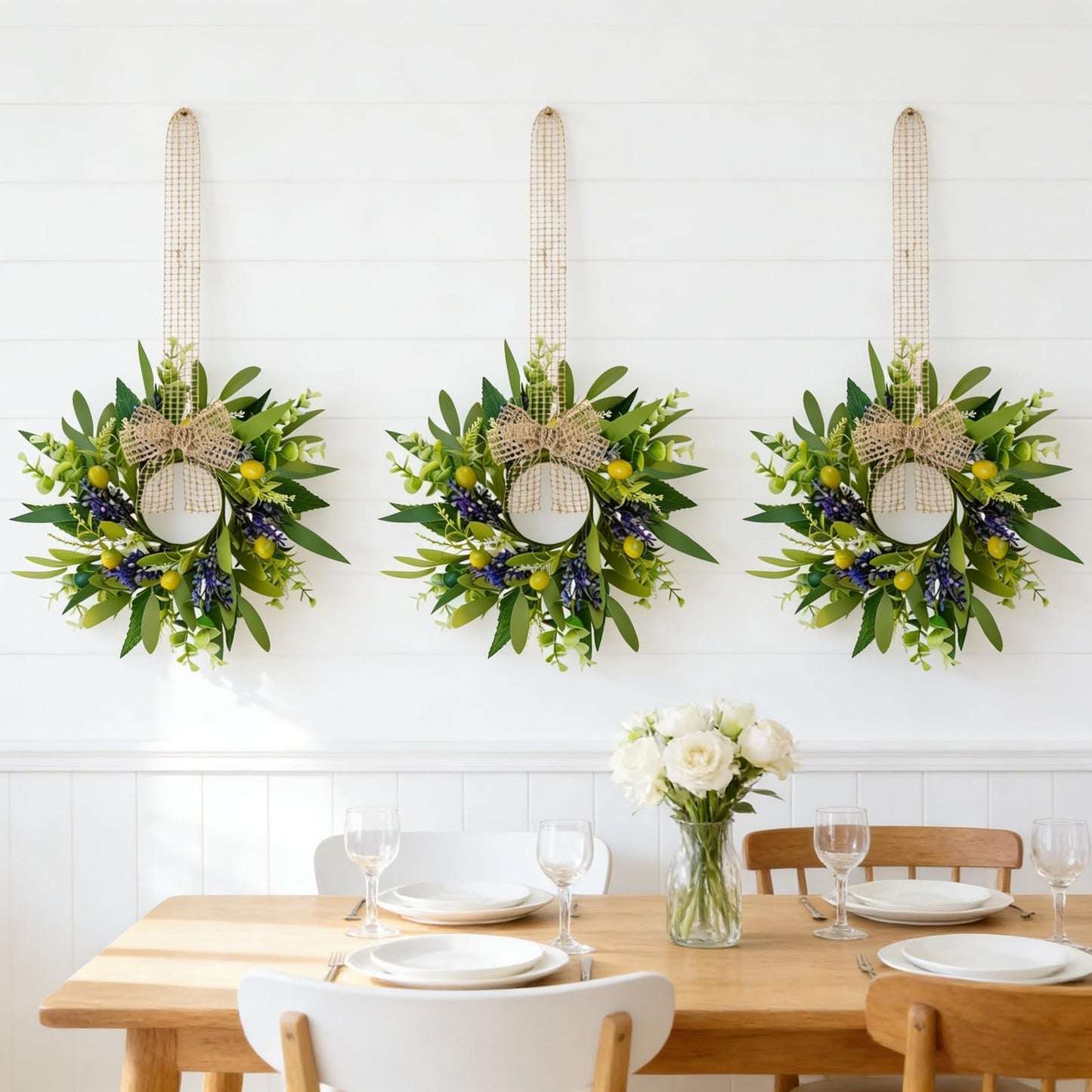 4 PCS Green Eucalyptus Olive Swag Wreaths for Pillars Spring Summer Greenery Kitchen Cabinet Wreaths Mini Green Boxwood Leaves Wreath with Ribbon for Front Door Porch Wall Window Farmhouse Decoration