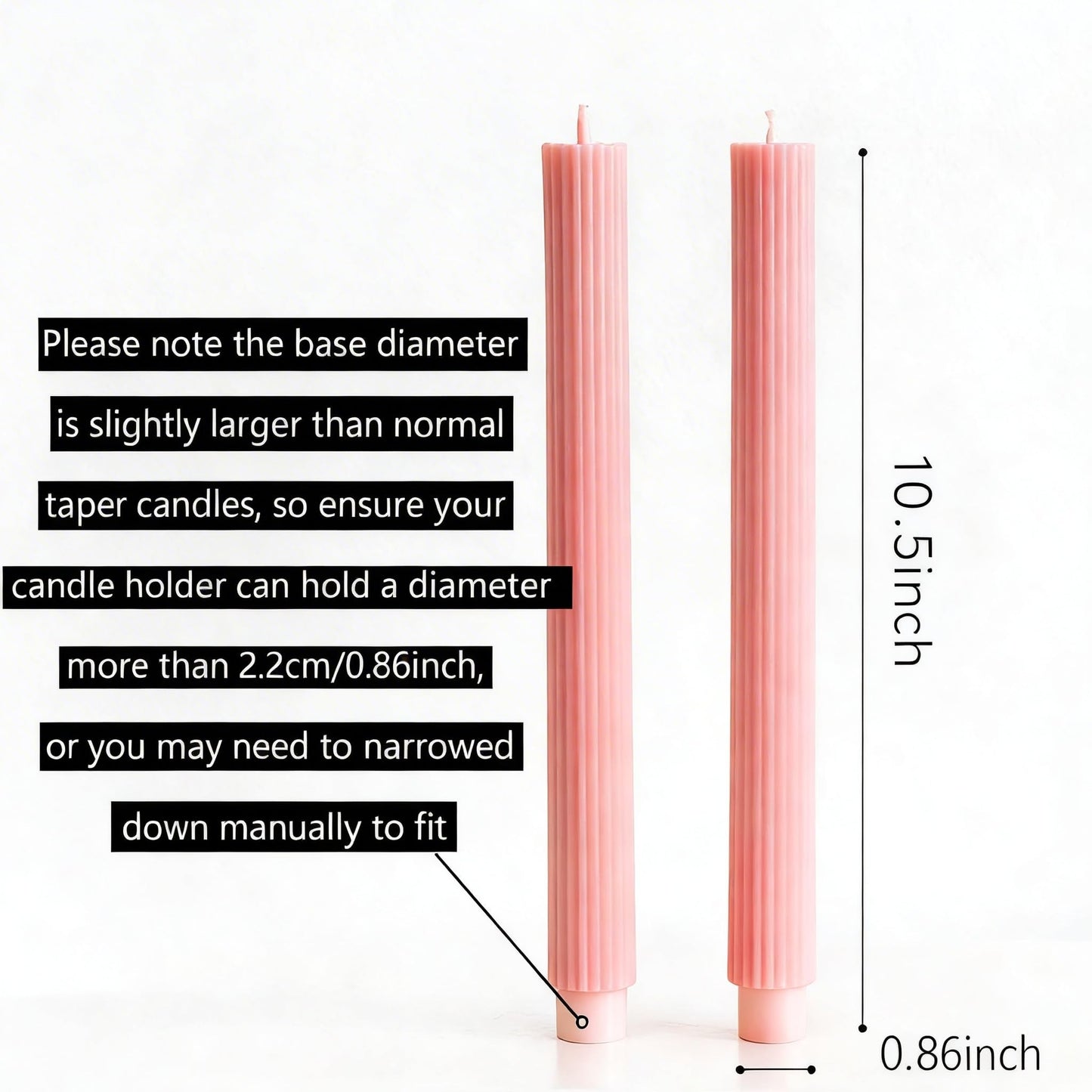 PAMELIFE 2 Pack | 10" Premium Unscented Ribbed Wick Taper Candles, Tall Ribbon Wax Dinner Unscented Modern Home Décor Soy Wax Handmade 12 Hours candlesticks (Baby Pink)