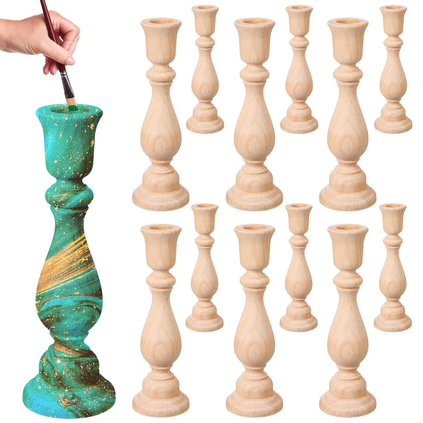 Nitial 12 Pcs Unfinished Classic Wood Candle Holders Small Wooden Candlesticks Unfinished Candlestick Holders for Crafts DIY Xmas Christmas Gift Decoration (6 Inch)