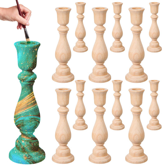 Nitial 12 Pcs Unfinished Classic Wood Candle Holders Small Wooden Candlesticks Unfinished Candlestick Holders for Crafts DIY Xmas Christmas Gift Decoration (6 Inch)