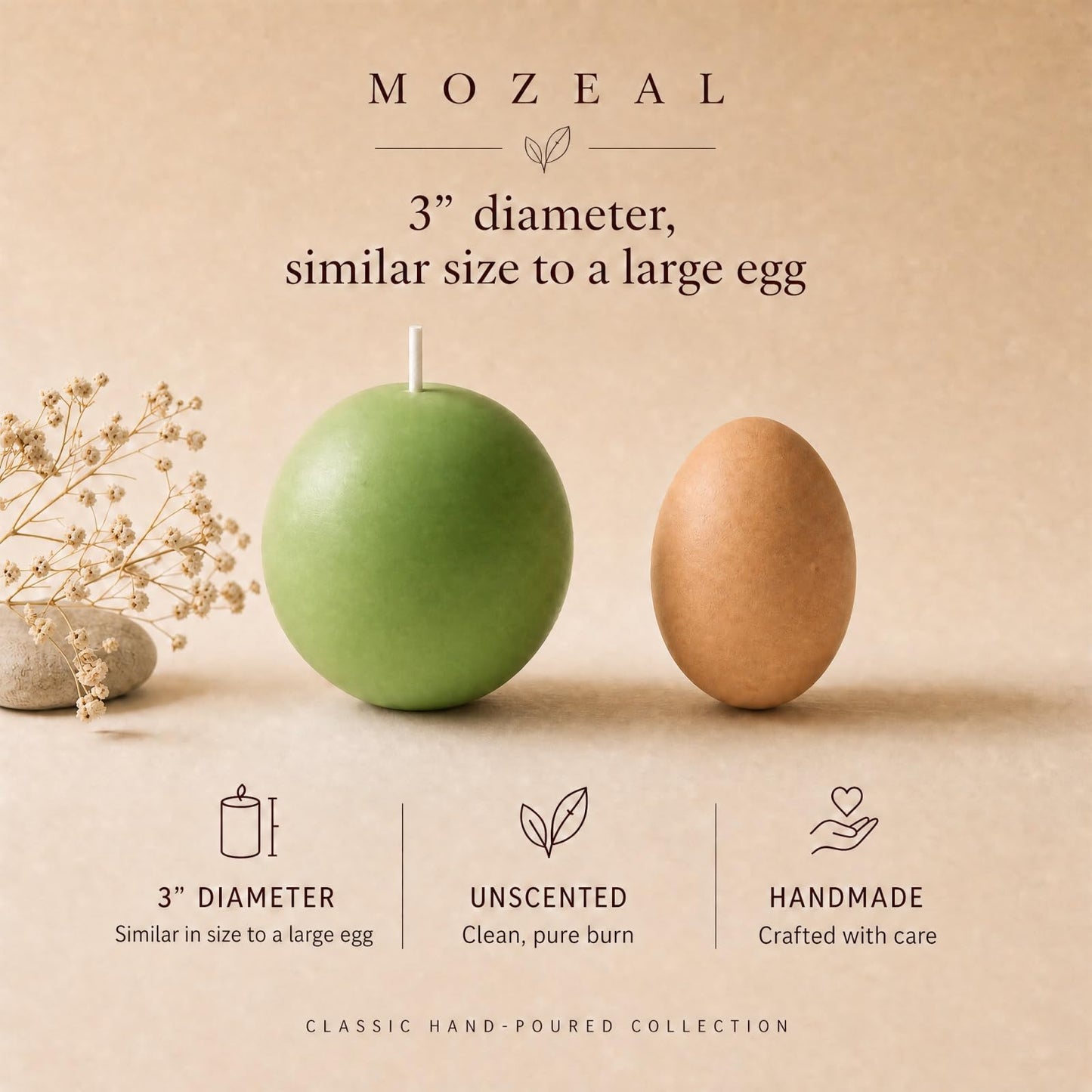 MOZEAL Hand-Poured, 3 Inch Green Round Ball Candles - Elegant Green Round Pillar Candles Set of 3, Dripless, Unscented, Smokeless, Ideal for Spring Celebrations.
