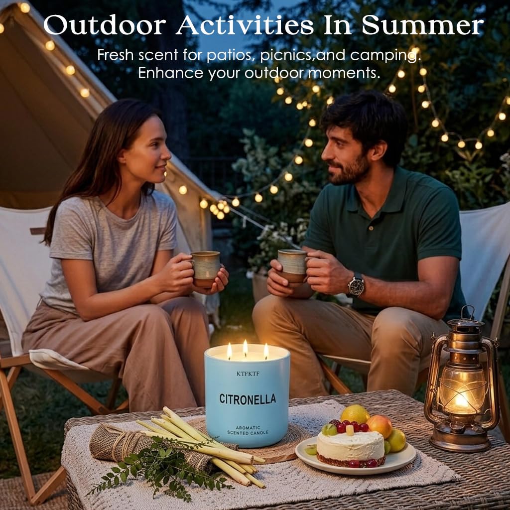 KTFKTF Citronella Candles Outdoor - 14.1oz Large 3 Wick Jar Candle with 80 Hour Burn, Natural Soy Wax, Non-Toxic Outdoor Candle for Patio, Camping, Backyard & Home