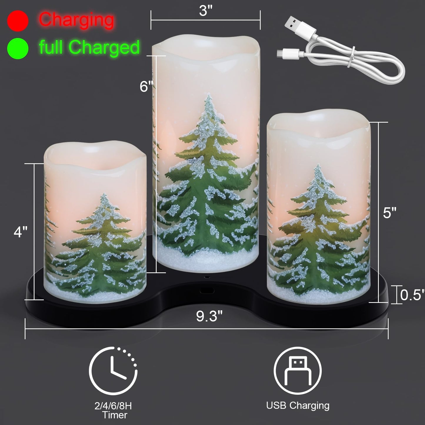 Wondise Rechargeable Christmas Tree Flameless Candles with 6H Timer, Battery Operated LED Real Wax 3D Wick Candles with Charging Base, Set of 3 Christmas Home Decoration Gifts(3 x 4 5 6 Inch)