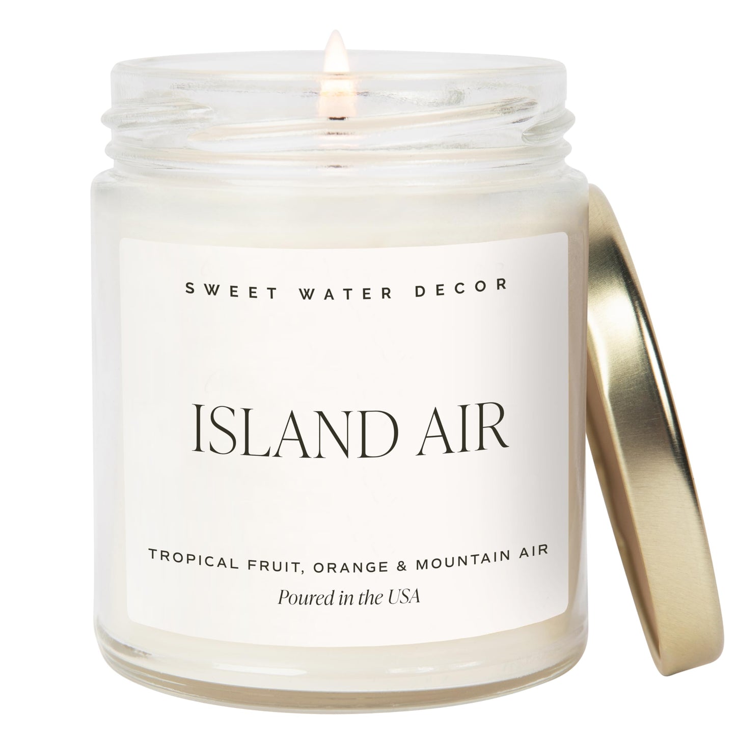 Sweet Water Decor Island Air Soy Candle - Tropical Fruit, Mountain Air, and Orange Scented Summer Candles for Home - 9oz Clear Jar and Gold Lid, 40+ Hour Burn Time, Made in The USA