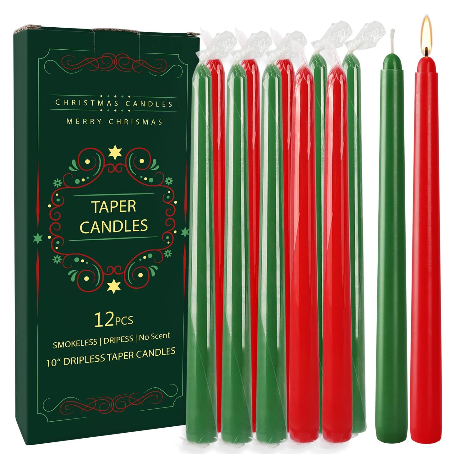 12-Pack 10-Inch Green & Red Christmas Taper Candles - Perfect for Holiday Decorations and Parties