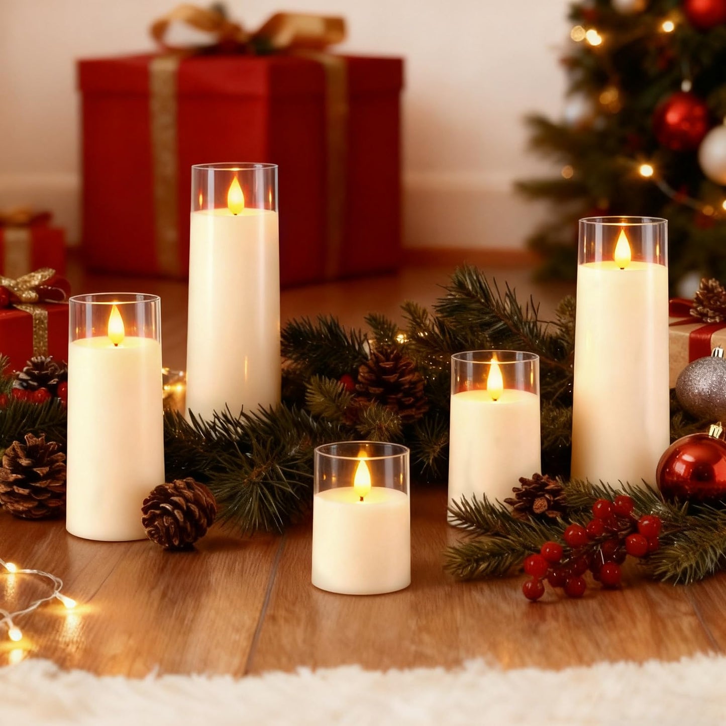 Raycare Flameless Candles Battery Operated with Remote Timer, Acrylic Flickering LED Pillar Candle for Valentine's Day, Home Decor, Gift for Family and Friend, White, Set of 5