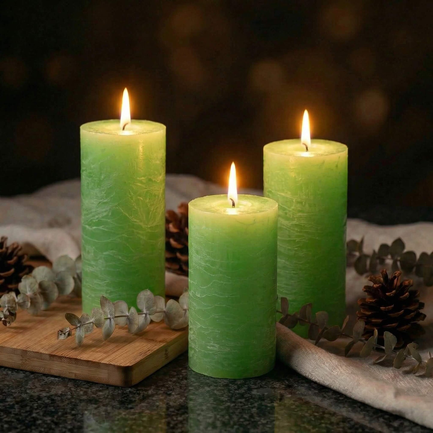 Richland Set of 3 Pillar Candles 3" x 6" Unscented (Green Rustic) for Weddings Home Holidays Relaxation Spa Church