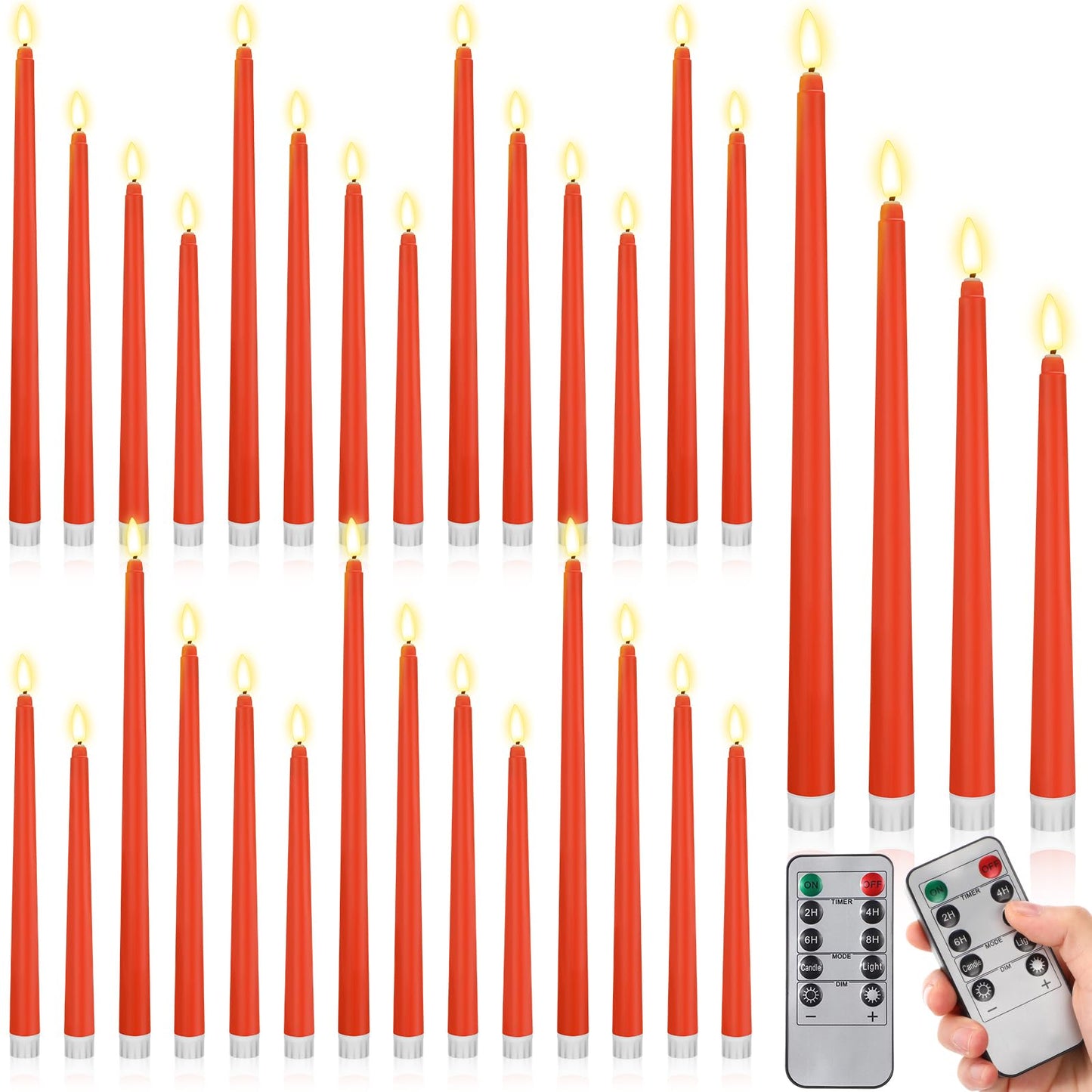 Rossesay 28 Pcs Flameless Taper Candles with Timer Remote 4 Sizes of 8.5", 9.6", 10.83", 12.8" LED Flickering Taper Candles Battery Operated for Valentine's Day Church Wedding Home Decor(Orange)