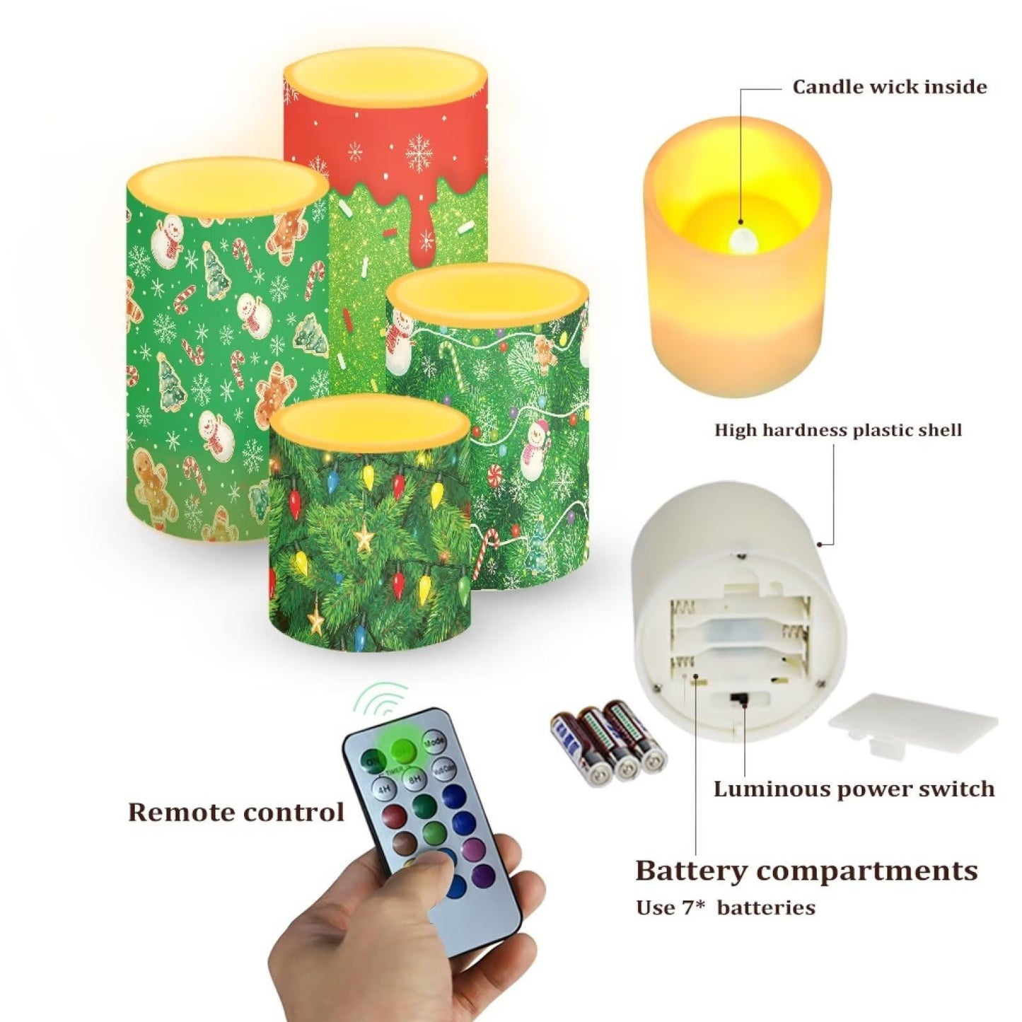 NETILGEN Christmas Theme Decorative LED Flameless Candles Set of 4 with Remote Control Timer, Dancing Flame Pillar Candles for Indoor Home Decoration