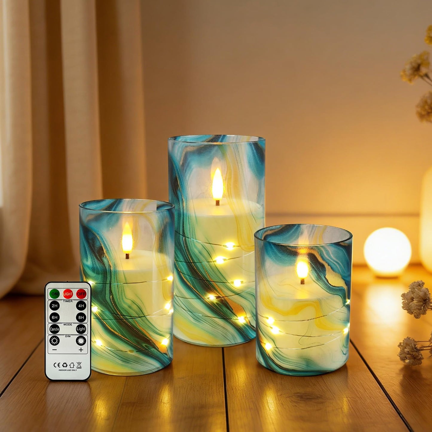 Flickering Flameless Candles Blue Water Ripple Print, Embedded Star String Lights, Battery Operated Acrylic LED Pillar Candles with 11-Key Remote and Timer for Home Decoration, 3 Pack