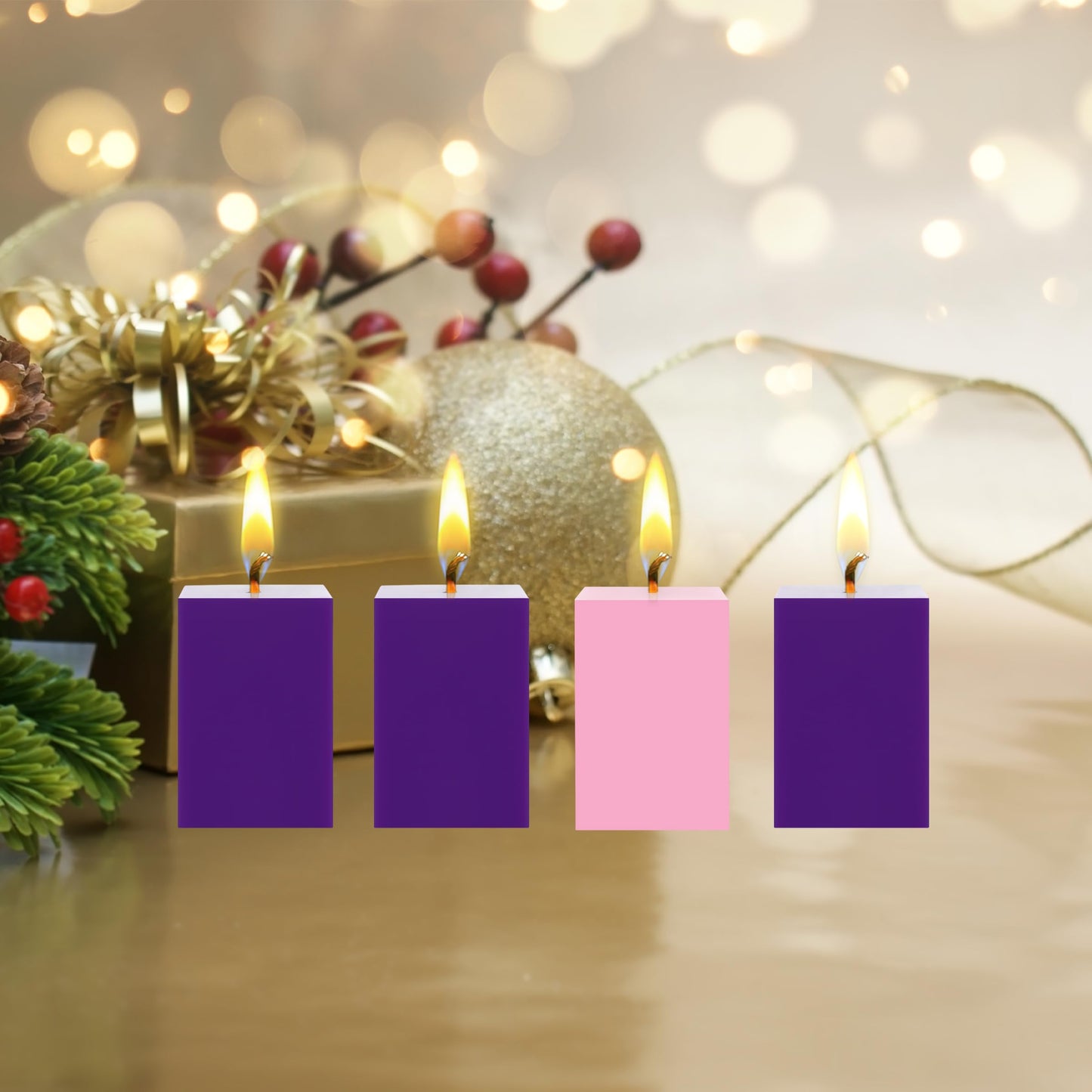 Mega Candles 4 pcs Unscented Christmas Advent Candles Set, Hand Poured Premium Wax Square Pillar Candle 2 Inch x 3 Inch, Holidays, Occasions, Events, Festivitiess, Devotional, Church, Wreath, Gifts
